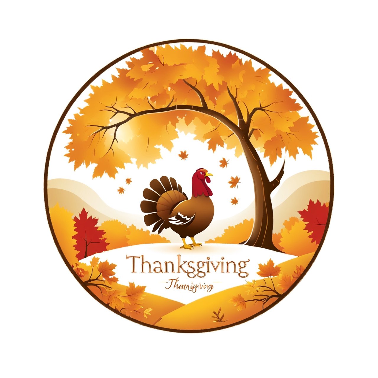 ("THANKSGIVING" text logo: 1.3),Maple tree in autumn landscape, golden mountain, fallen leaves, t-shirt design, vector art, circular silhouette, white background, a turkey holding a text: ("thanksgiving").,Leonardo Style