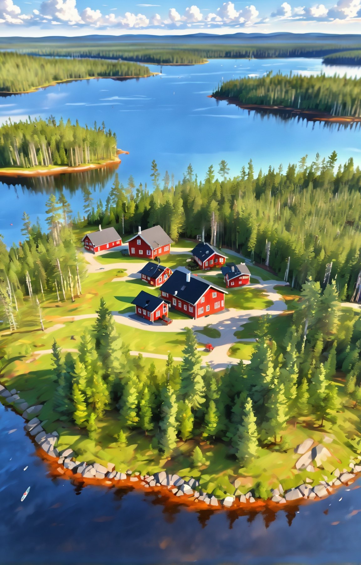 (Best quality at best, 4K, 8K, A high resolution:1.2), 4k,intricate detail,wallpaper,(masterpiece:1.5),absurdres,high resolution,sharp focus,depth of field,ray tracing,spectacular,more_details, sunshine, windy, bright colors, rich palette, Finland lakes, multiple small islands with picturesque houses, lush nature, pine forest, view from above,detailed_background,