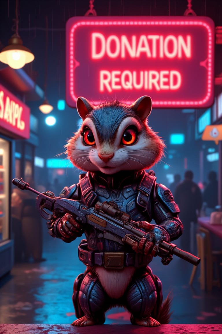 3d, Movie poster, large neon sign in the center reads "Donation Required", masterpiece, 4k, 8k, high quality, high detail, concept art, cybernetic cute chipmunk, red eyes. neon glow, robot chipmunk, one hand holding an AK, one foot metal, looking at the viewer, standing on the bar of a icecream shop, highly detailed, cyberpunk scene, rain falling, neon lights,