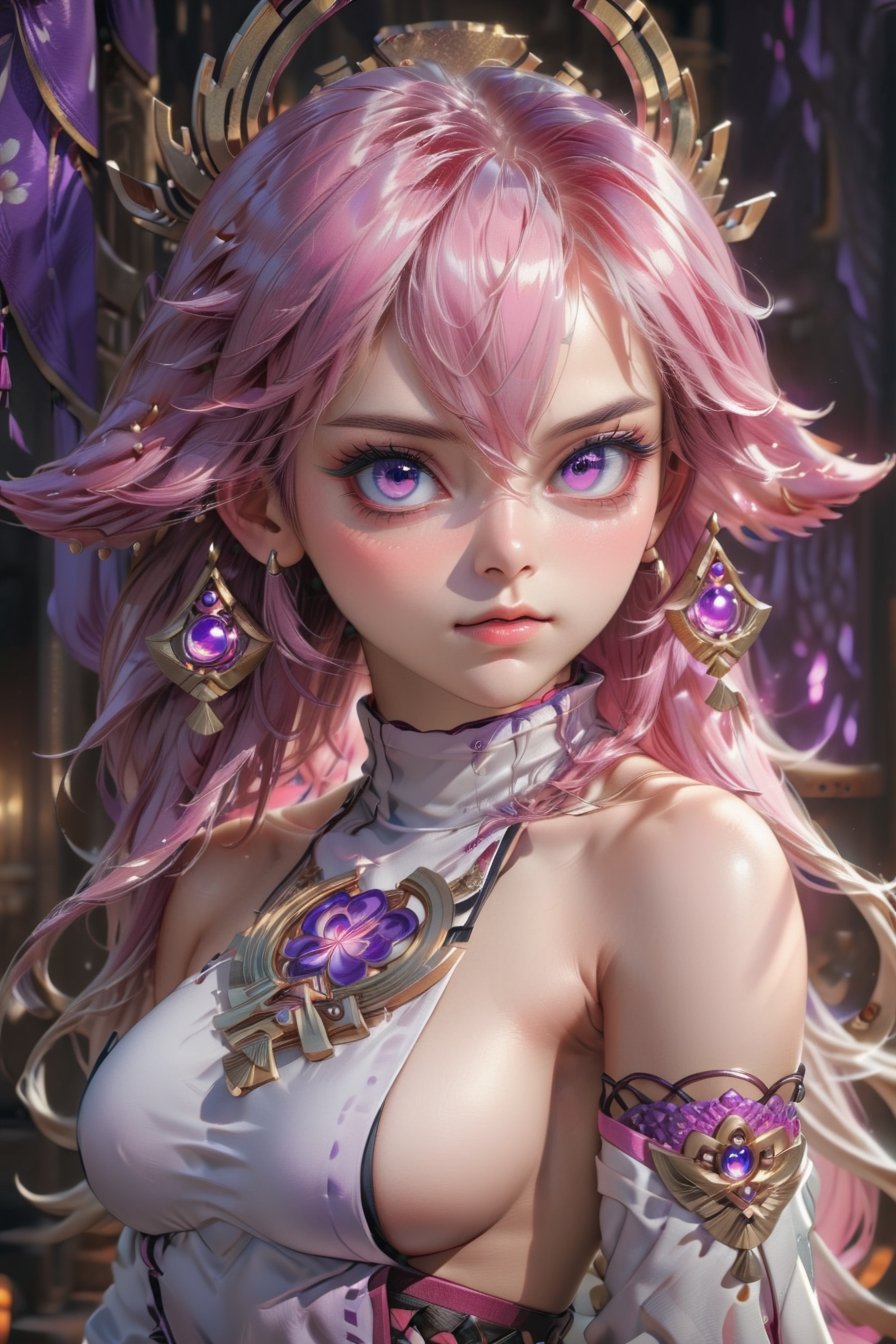 (masterpiece, finely detailed beautiful eyes: 1.2), (illustration:1.2), 1girl, solo, (yae miko:1.4), yae miko, hair ornament, pink hair, purple eyes, japanese clothes, sideboob, detached sleeves, wide sleeves, jewelry, earrings, bare shoulders thighs, volumetric lighting, hyper detailed, highly detailed, beautiful, small details, ultra detailed, best quality, intricate, sharp, digital illustration, detailed, realism, intricate, 4k, 8k, trending on artstation, good anatomy, beautiful lighting, award-winning, highres, (extremely detailed CG, unity, 8k wallpaper:1.1), beautiful face, highly detailed face, zoomout, colorful, vibrant colors, nail polish, (glow:1.4) yae miko