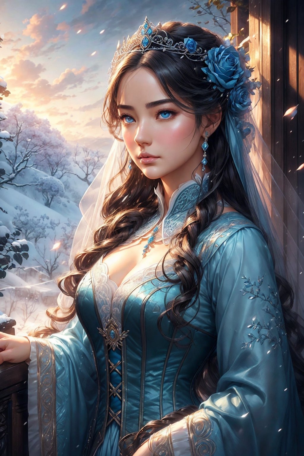 It's realistic (((illusion))) Set against the backdrop of an icy castle, enchanted in winter, and a frozen rose garden, the artwork should consist of various shades of cool blue. There is a lot of snow. Generate proud woman, (((super delicate face))), Dressed in the pleats of a dazzling French silk ball gown. The graceful face of a woman ((((highly detaild, Realistic and smooth features, Puffy lips.)))) Ball gowns are decorated with ruffles, track, And Archiwa, But in essence, Hand-embroidered torso. The corset has a silk ribbon,  She is wearing a Victorian royal winter robe, The wonderful eyes of a woman are beautifully depicted, With realistic shades and a wide range of colors, And with high resolution. The woman is in the garden of the eternal rose, Each of them is beautifully formed and very detailed. These realistic roses feature shimmering sky blue shades, dark blue, silver, and shimmering blue-violet. The eternal rose is a deep shade of periwinkle with shimmering iridescent hues and bass. Check the woman's face, heads, And the eyes are perfect. 真实感, high fantasy, Whimsical fantasy, Storybook fantasy, Fairytale fantasy, Fantasy Details, Enchantress, Enchantress, 8K, hire, CGI, digital painting, unit, unreal-engine, (((Master Part))), intrikate, graceful, highly detaild, majestueux, digital photography, Arte de Artgerm e Ruan Jia e Greg Rutkowski, (Master Part, beautiful-detailed eyes: 1.2), HDR, Realistic Skin Textures, (((1woman))), (((solo))), Includes highly detailed faces, super delicate face, And an interesting background.nijistyle