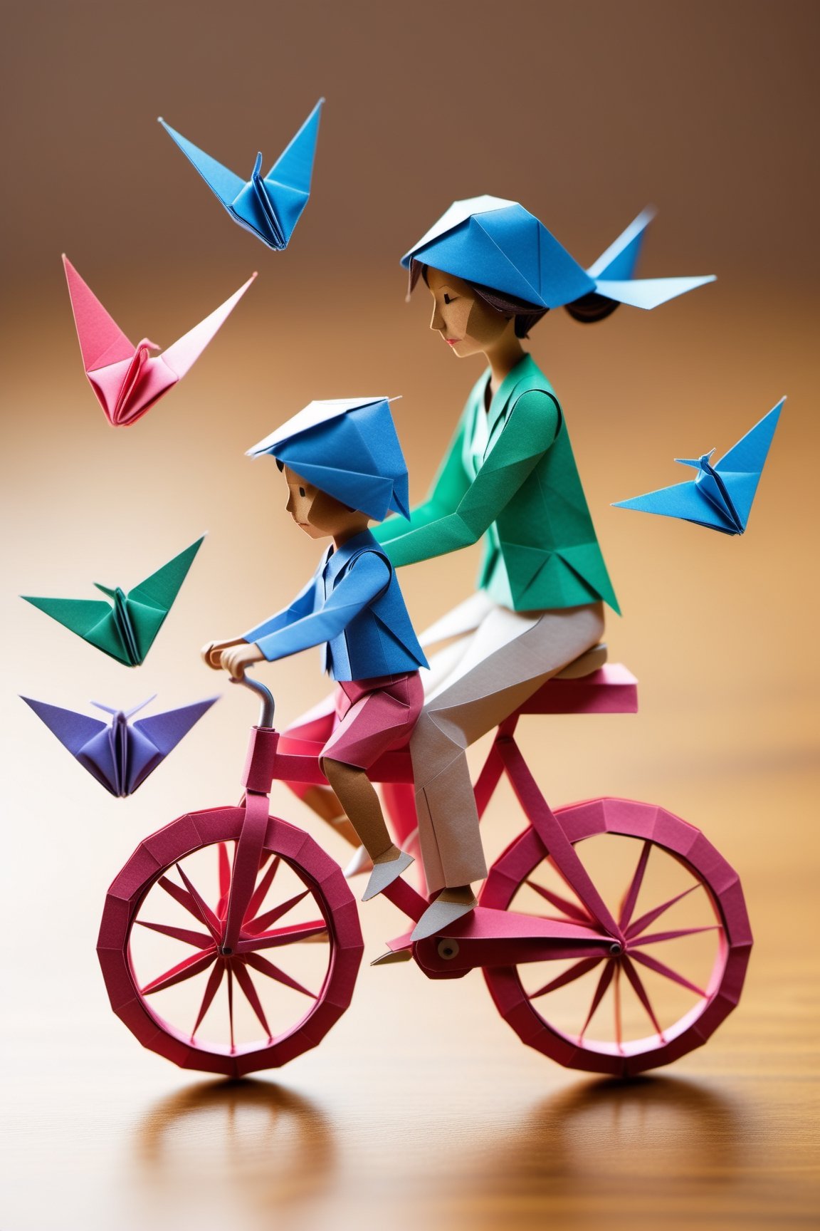 origami style, Parents teaching their child how to ride a bike, milestones, family bonding, childhood memories, balance, joyous achievement, high-quality,													
,Leonardo Style