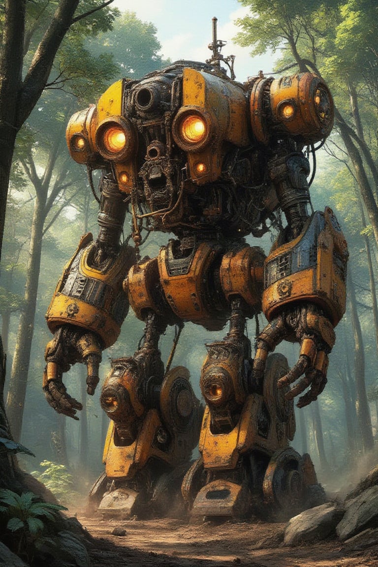 Masterpiece, professional, award-winning, intricate details, ultra high detailed, 64k, dramatic light, volumetric light, steampunk locks, medium size robot, piloted by a human, steampunk style, action environment, forest, leaf shadows, globalized enlightenment, volumetric lights, Natural color contrasts with metal and rust colors, High resolution, 8k,ek_art_b00ster,anime,illustrated,