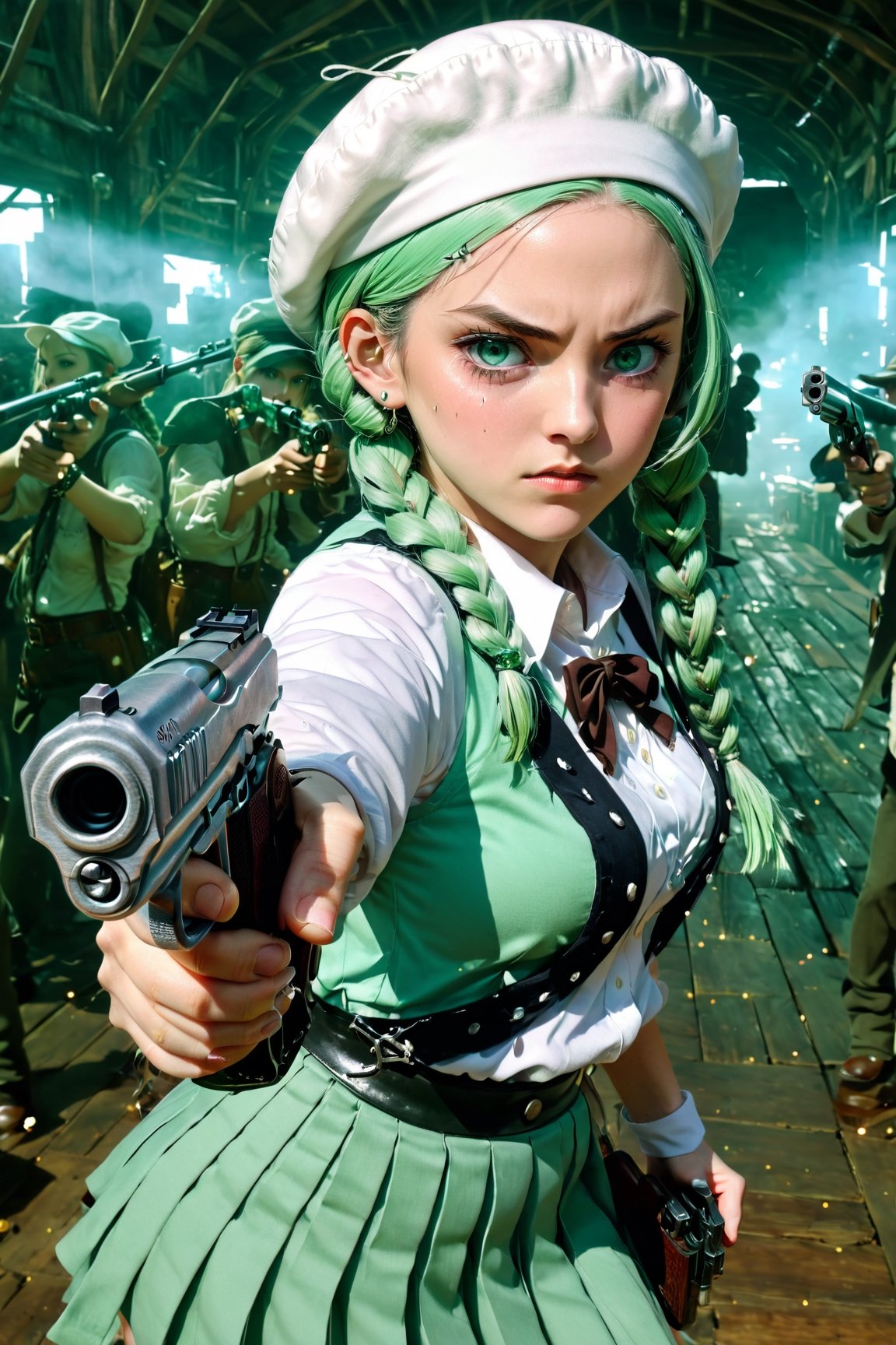 (Best quality, ultra detailed, masterpiece), 1girl with cinematic film still gunatyou, girl pointing a gun at viewer, pistol, cowboy shot, shell casings, bulletpressionless, constricted pupils, crazy eyes:1.2), white shirt, pleated skirt, mint green hair, twin braids, white beret, green eyes, eyeshadolowing eyes:0.7), small gun, holding gun, incredibly absurdres, 8k wallpaper, large breasts, cleavage, sideboob, amazing details, luminous and enchanting, dark and eerie, lit dark fantasy realm, (((rule of thirds))), shallow depth of field, intricate details, fantastical realm, extremely detailed, ultra sharp focus, light particles, attention to detail, grandeur and awe, cinematic, stunning visual masterpiece, double exposure, photorealistic, cinematographic scene, highest quality, 32k, octane render,gunatyou