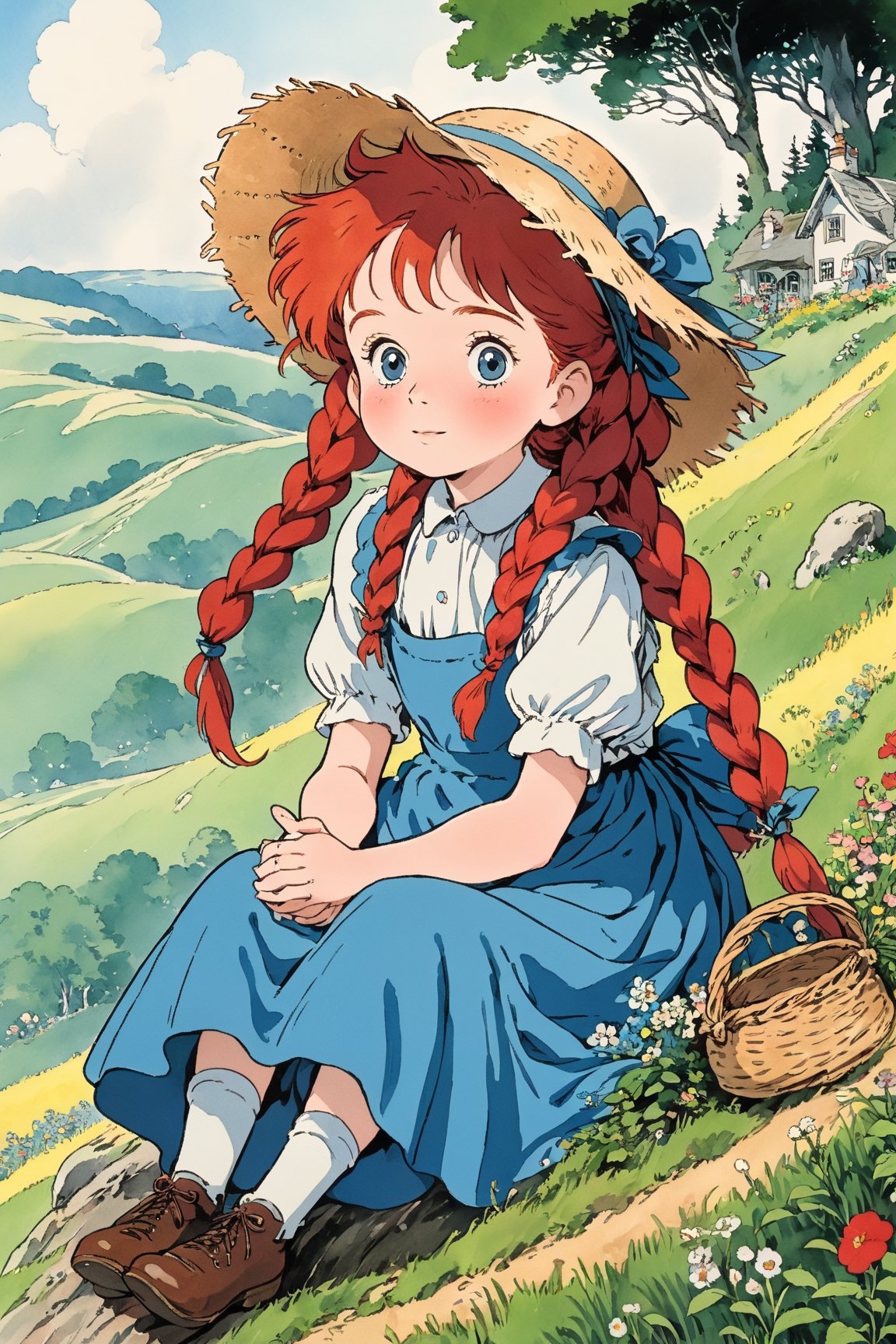 (masterpiece, best quality),from side, 1girl, solo, After searching for hours, They find a Anne (Green Gables)), Red-haired girl, With a wide-brim straw hat, two long red braids, Curious big eyes, Innocent, Joyful look, wear a floral pioneer dress with an apron,sitting on a branch sticking out of a hill,Anime,Enhanced All,ghibli,illustrator,sticker design