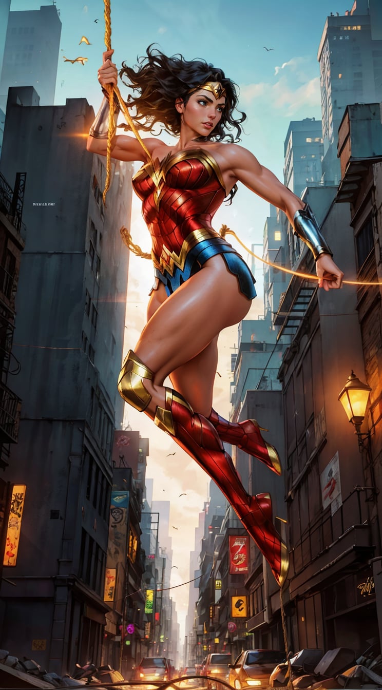 Generate a rough oil painting of Wonder Woman gracefully ((swinging through the gaps between skyscrapers)) (at night), ((flying)), using her ((Lasso of Truth)) like Spider-Man. The golden glow emanating from the Lasso of Truth illuminates the scene like fluorescent lights. Capture her in a dynamic and stylish pose, reminiscent of Frank Miller's Sin City style. (field of depths,boheh backdrop),wonder_woman,artgerm,semi-realistic,Anime,highres,masterpiece