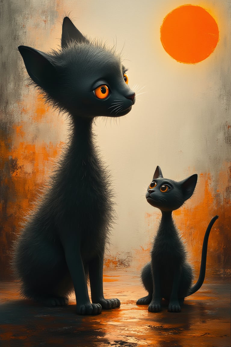 Masterpiece, professional, award-winning, intricate details, ultra high detailed, 64k, dramatic light, volumetric light, dynamic lighting, Surreal, abstract painting featuring two black cats with exaggerated, whimsical features. The larger cat stands upright on two legs, with a tall, slender body and a large, round head with wide, expressive eyes. The smaller cat sits on all fours, looking up at the larger cat. Both cats have spiky, unkempt fur and long, thin tails. The background is a mix of earthy tones, with splashes of orange, brown, and gray, creating a textured, dreamlike atmosphere. A bright orange sun or moon is visible in the upper right corner, casting a warm glow. The ground beneath the cats is reflective, suggesting a wet surface or puddle. The overall style is loose and painterly, with visible brushstrokes and drips adding to the abstract feel. realising lighting and shading, vivid, vibrant, unreal engine, concept art,disney style