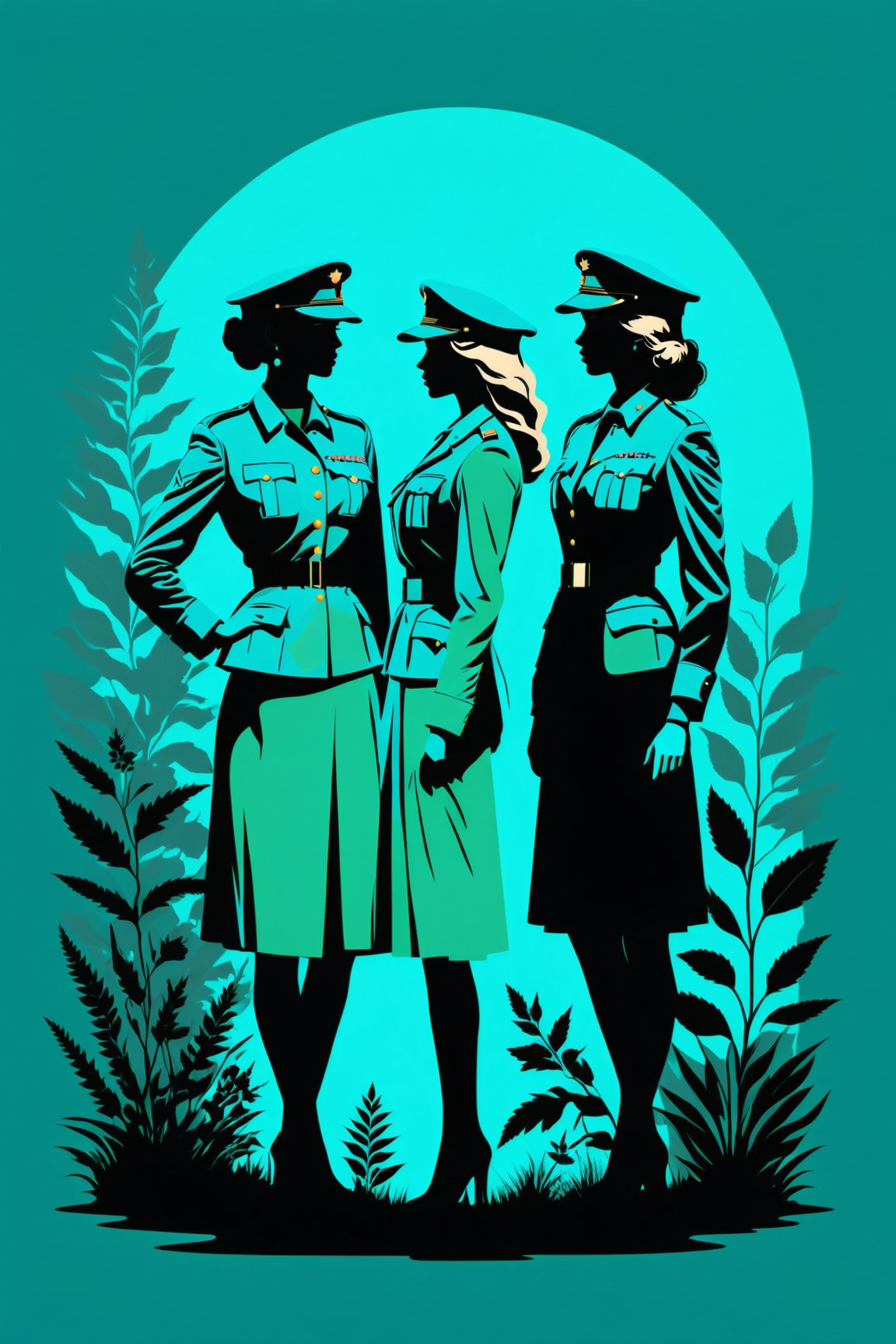 character silhouette, 3 women at a botanical garden, body in shadow, in military uniform, dark night, turquoise green background, Flat vector art,pencil sketch