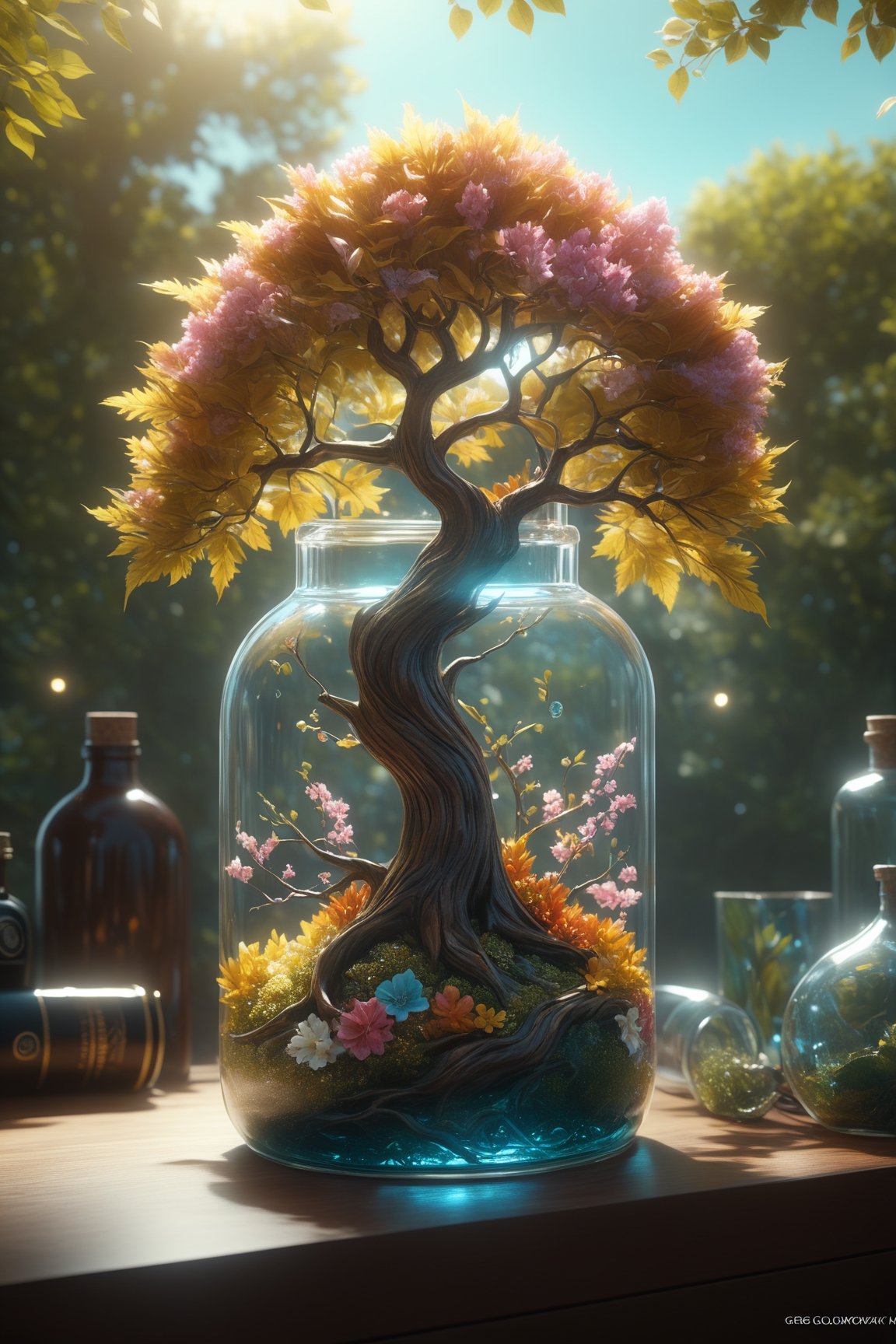 dreamlike art tree in a bottle, fluffy, realistic, photo, canon, dreamlike, art, colorfull leaves and branches with flowers on top of its head. hyperdetailed photorealism by greg rutkowski, f (film grain:1), lifelike high res sharp focus contrast!! intricate detailed atmospheric light refraction lighting unreal engine 5 cinematic concept photography masterpiece octane render trending at cgsociety rendered in HD,greg rutkowski,Movie Still,galleon,Film Still