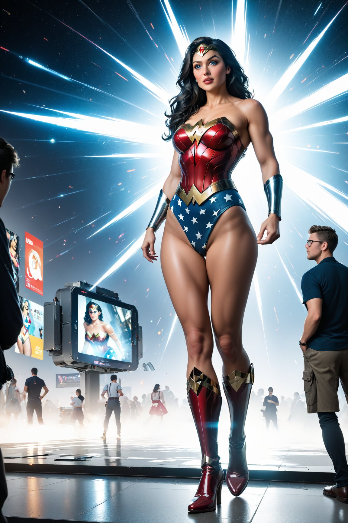 There is a massive oversized TV screen in the city. TV screen showing and playing blue eyed and muscular Wonder Woman making a conference call with shocked and surprised expressions. Many people are watching it below the screen. ((highest quality)), (8k, very detailed, full-length frame, high-detail RAW color art, masterpiece:1.2), (realistic and realistic photo:1.3), dramatic lighting rendering, dynamic angles, photon mapping, physics-based rendering, Absurd resolution, high resolution, (masterpiece: 1.4), super detail,score_9,score_8_up,score_7_up,score_6_up,nijisuper