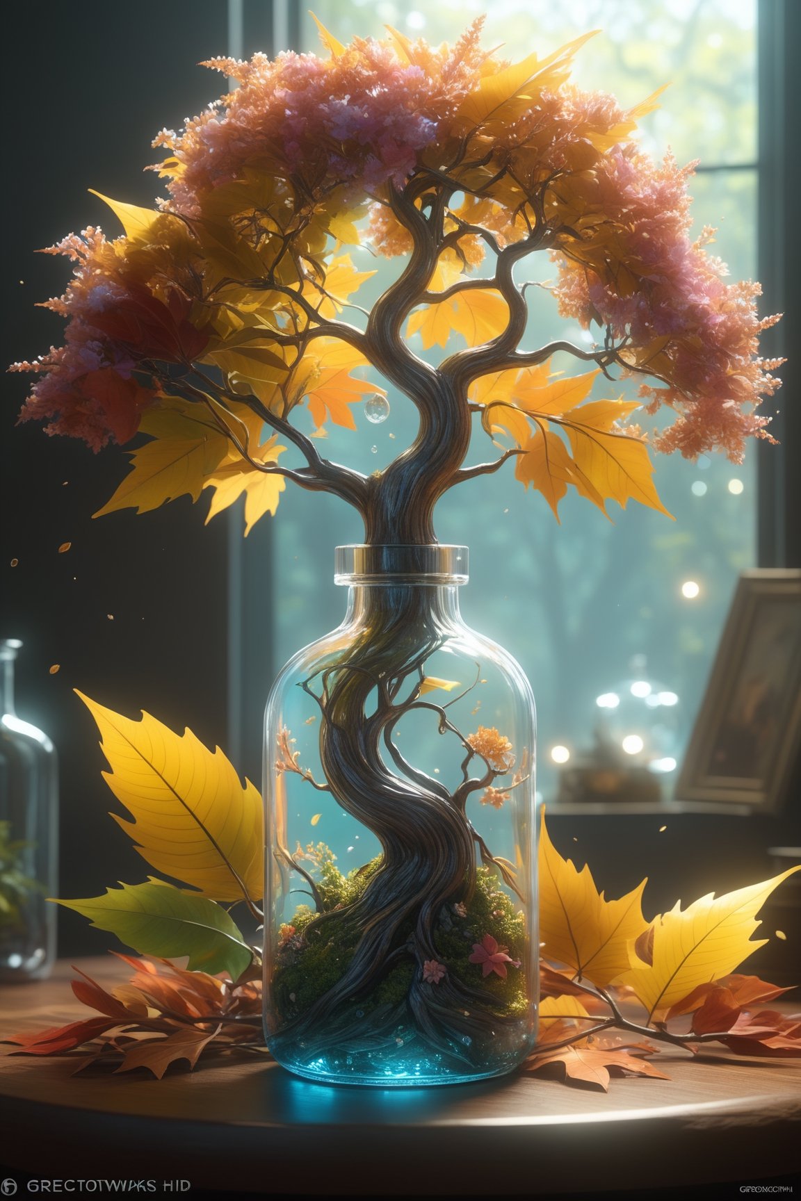 dreamlike art tree in a bottle, fluffy, realistic, photo, canon, dreamlike, art, colorfull leaves and branches with flowers on top of its head. hyperdetailed photorealism by greg rutkowski, f (film grain:1), lifelike high res sharp focus contrast!! intricate detailed atmospheric light refraction lighting unreal engine 5 cinematic concept photography masterpiece octane render trending at cgsociety rendered in HD,greg rutkowski,Movie Still,galleon,Film Still