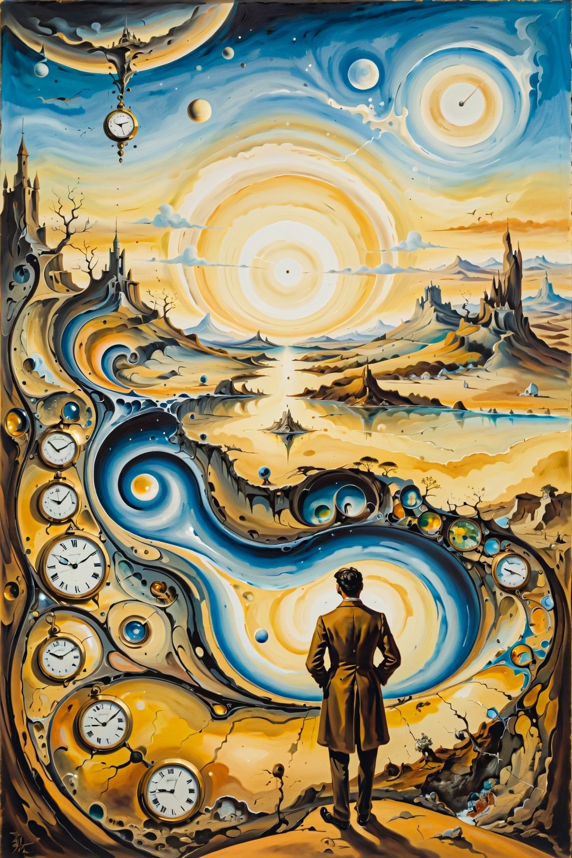 (Masterpiece), (Best Quality), (Ultra-detailed), Artistic painting, (Inspired by Salvador Dali's surrealist art), create a landscape with melting clocks, distorted figures, and a backdrop of swirling colors and shapes. The overall mood should be dreamlike and otherworldly. In the foreground, a man stands gazing out at the strange and wonderful scenery around him. His expression is one of fascination and curiosity, as if he's exploring a new world for the first time,