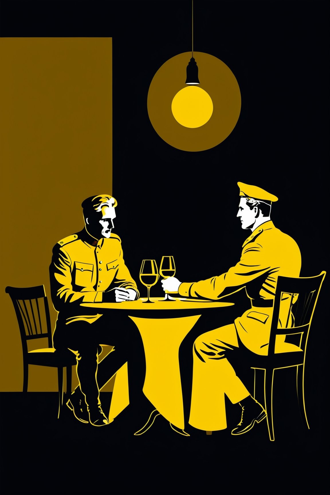 character silhouette, 2 men at a restaurant table, body in shadow, Soviet officer's uniform, dark night, dark yellow background,Flat vector art,pencil sketch