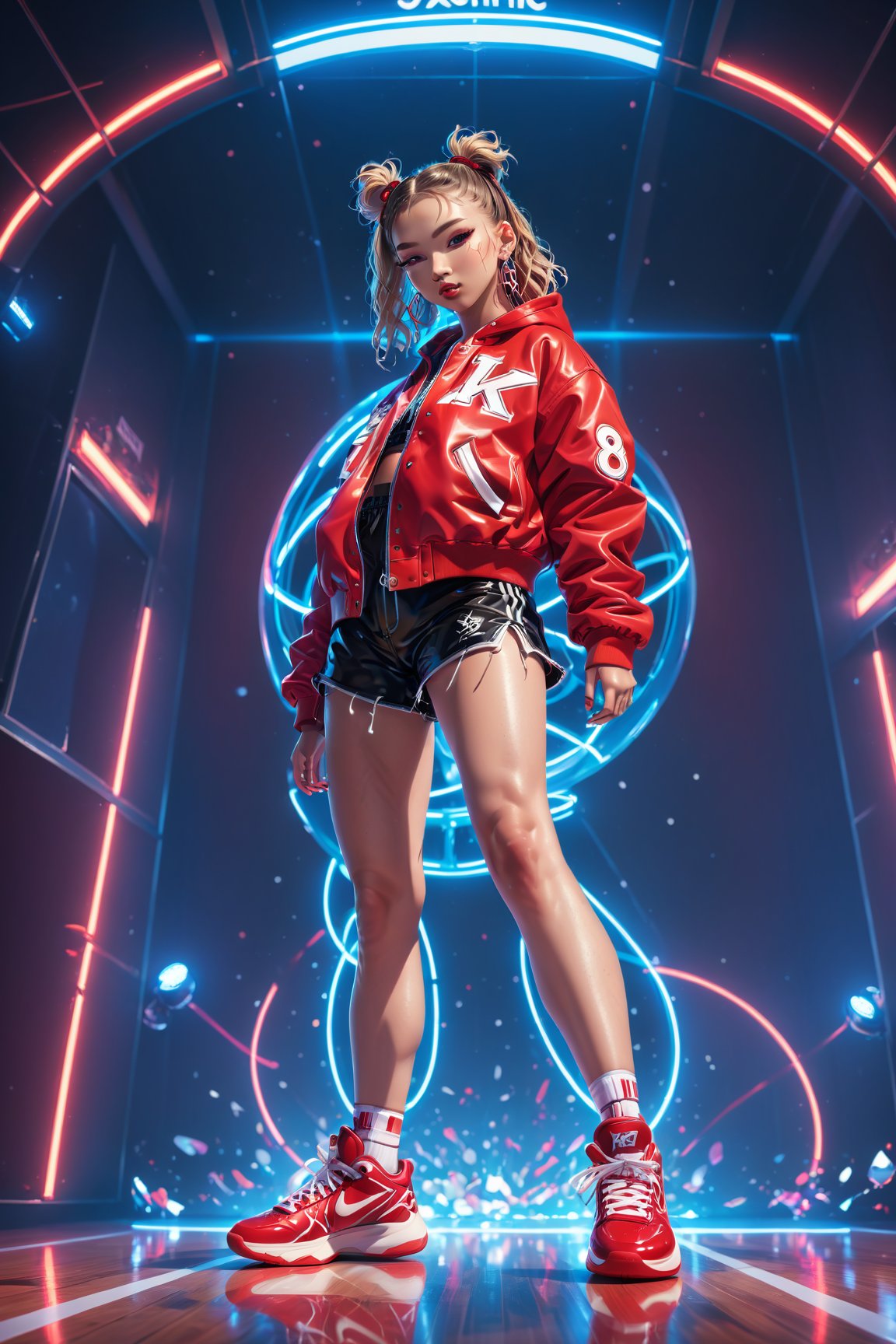 (Best quality, ultra detailed, masterpiece),  8k, super detailed, ((beautiful detailed)))1girl, hip pop clothes, Red basketball shoes, low angle shot, low angle, ground-level shot, full body, full body shot, lunge, nightclub, laser beam(Dynamic feeling:1.4),(concept art style:1.4), neon, neon sign, glowing,32k, octane render,neon style,simple background