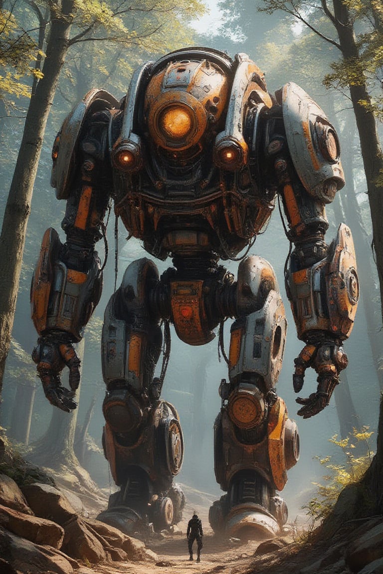 Masterpiece, professional, award-winning, intricate details, ultra high detailed, 64k, dramatic light, volumetric light, steampunk locks, medium size robot, piloted by a human, steampunk style, action environment, forest, leaf shadows, globalized enlightenment, volumetric lights, Natural color contrasts with metal and rust colors, High resolution, 8k,ek_art_b00ster,anime,illustrated,