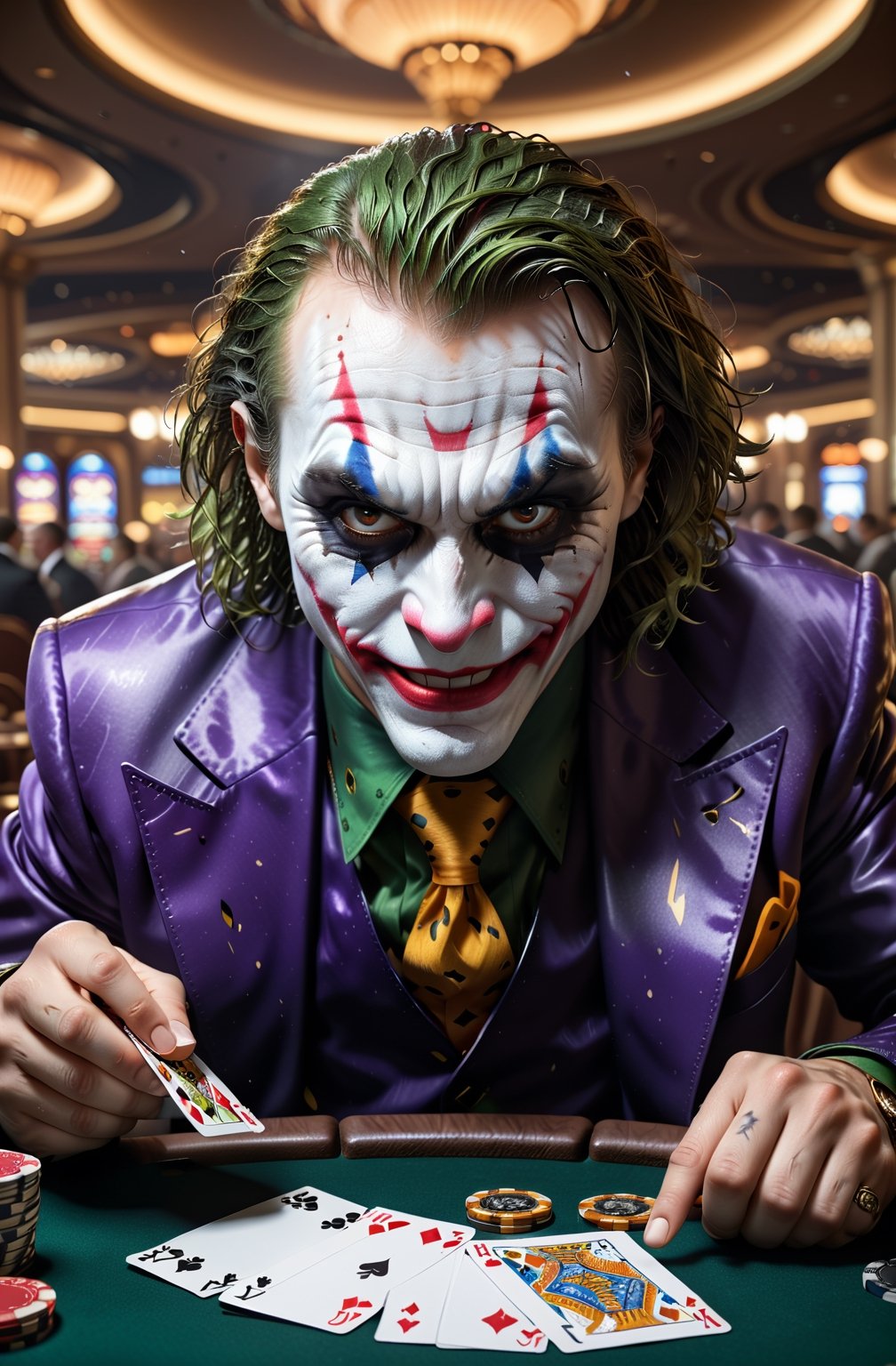 (best quality, 4k, 8k, highres, masterpiece:1.2), ultra-detailed, (realistic, photorealistic, photo-realistic:1.37), Joker, card, splash playing lots of cards background, at casino, wearing death metal band look, card, dollars, coins, Gotham,