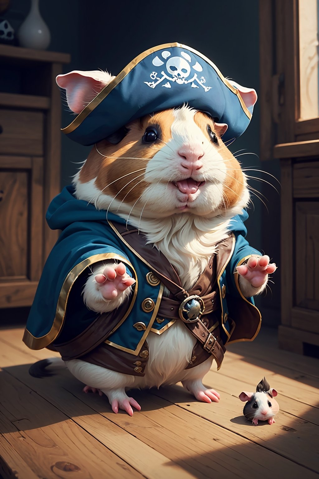 The highest image quality, "Create cute creature masterpieces with highly detailed concept art inspired by them. Let your imagination run wild", (guinea pig), highres, in 8K, The highest image quality, Pirate costume, Red and blue pirate outfit,game icon,earth \(planet\),cat