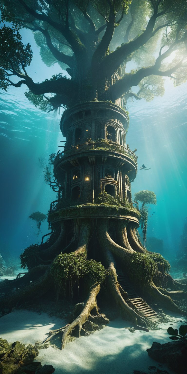 (Extremely detailed CG unity 8k wallpaper),(((Masterpiece))), (((Best Quality))), ((Ultra-detailed)), (Best Illustration),(best shadows), ((an extremely delicate and beautiful)),Masterpiece, best quality, 8K, high res, ultra-detailed,  A profound fantasy art of an underwater scene with a giant tree architecture made of ancient machinery that has its roots on the deep sea floor shrouded in darkness. A gigantic tree made from ancient machinery, with many small lights shining on its branches and leaves in the darkness. A group of mechanical ruins from a long-lost civilization that exudes eeriness, broken mechanical tower ruins, shattered remains of an unknown reactor, and a broken mechanical wall with weathered marks. A gigantic tree made from ancient machinery still continues to shine with the memories of those days as a beacon of hope, waiting for the time when it will one day fulfill its true role.