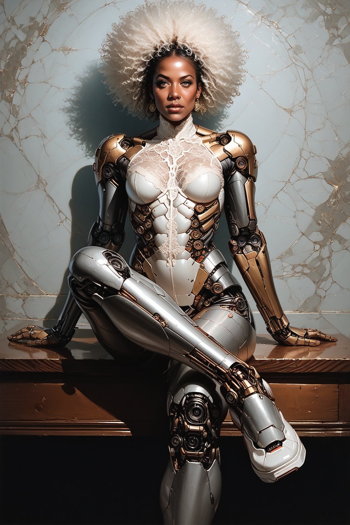 score_9, score_8_up, score_7_up,photorealistic, a woman in a white (lace, full cyborg suit:1.55) (sitting on top of a table:1.5) (body turned towards the viewer:1.2), (head turned to the left:1.8), (crossed legs:1.4), white hair, cyborg, robotic parts, beautiful detailed body and face, sakimichan hdri, amouranth, a beautiful detailed orixa, 2049, chiaki nanami, afro futuristic, made in maya, sam yang, 2070, cyborg, robotic parts, 150 mm, beautiful studio soft light, rim light, vibrant details, luxurious cyberpunk, lace, hyperrealistic, anatomical, facial muscles, cable electric wires, microchip, elegant, beautiful background, octane render, 8k, best quality, masterpiece, illustration, an extremely delicate and beautiful, extremely detailed ,CG ,unity ,wallpaper, (realistic, photo-realistic:1.37), Amazing, finely detail, masterpiece, best quality, official art, extremely detailed CG unity 8k wallpaper, absurdres, incredibly absurdres, robot, silver halmet, (full body:1.4), sitting, (nsfw:1.2),rating_explicit,l4rg33y3s