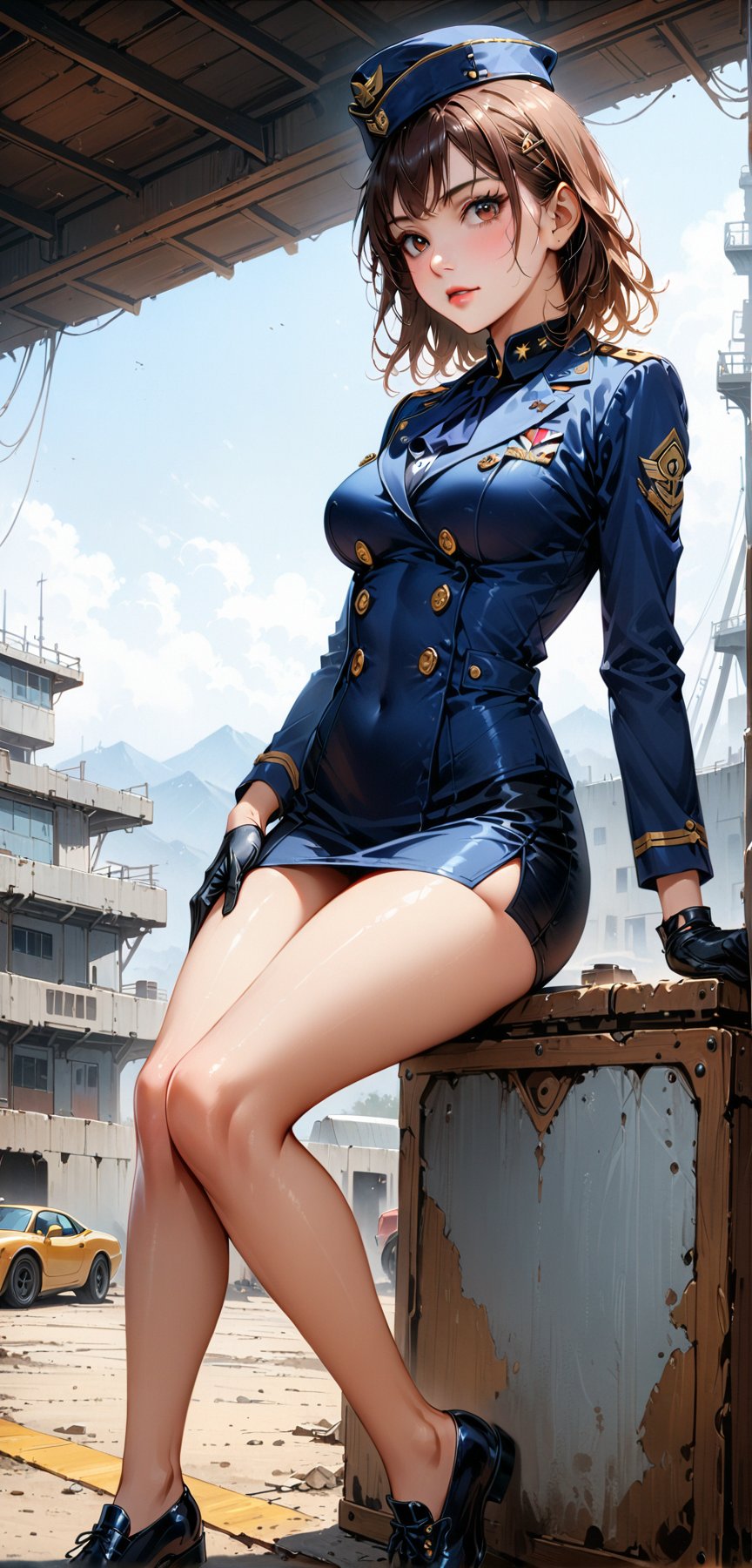 (best quality, 4K, high resolution, masterpiece:1.2), (very detailed, realistic:1.37), (Full-body portrait), 23 years old, American Girl, military officer, ambitious, Wow, careful, attractive, threaten, (brown hair), Perfect eyelashes, Minimal makeup, sun tan skin, expressive brown eyes, gloss lip, fascinating charm, perfect hourglass body, Toned down long legs, flat abs, Round E cup breasts, very tall, slim, With peach colored buttocks, ((Midnight blue double-breasted jacket with gold anchor embossed buttons and red piping)), (A crisp white blouse with a high, stiff collar), ((Midnight blue pencil skirt with a simple back slit)), black leather belt , (shiny black heel oxford shoes), (Midnight blue service cap with gold navy insignia and white trim.), Black leather gloves with built-in data connectivity, Navy silk neck scarf, Background featuring a military base.