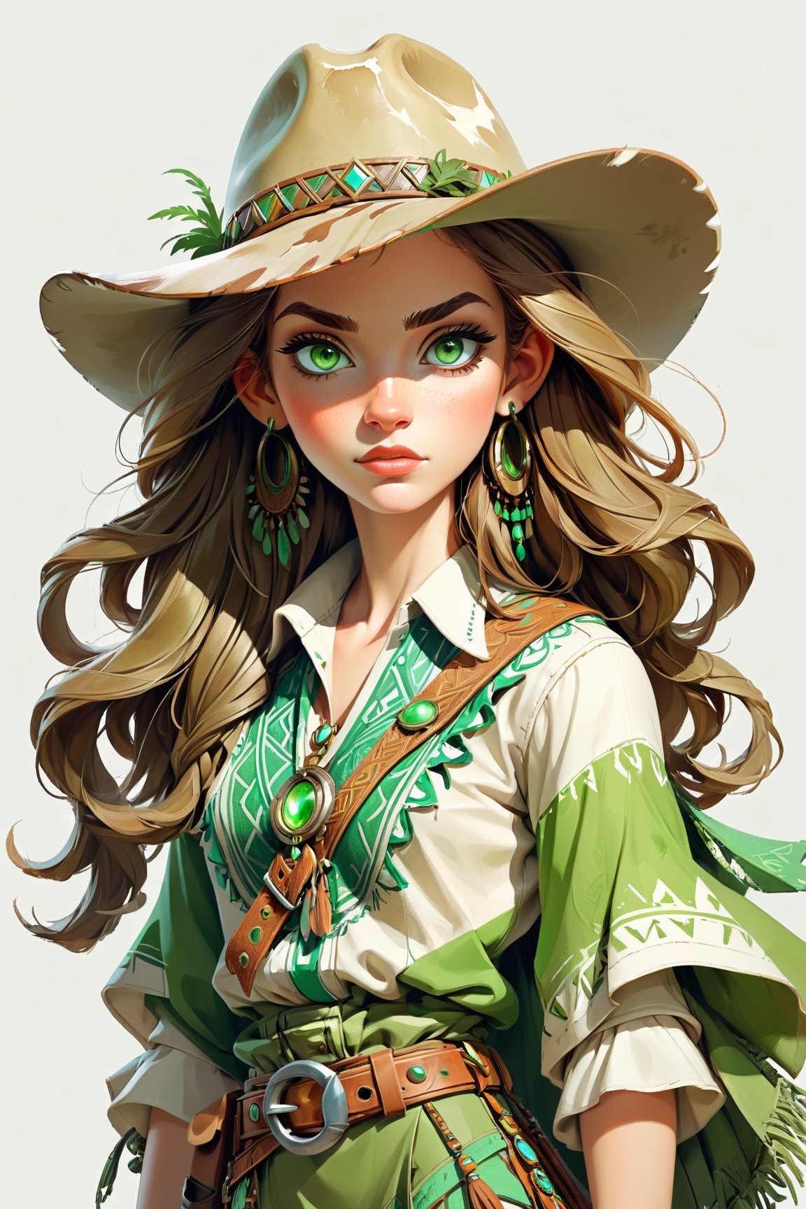 Attire the INFP in a bohemian-inspired outfit with touches of earthy green. Her eyes, a soft shade of green, should reflect the creativity flowing from within as she passionately writes and sketches, insane Details, Greek Mythology Style, Trending on artstation, photoshop, illustrator, 100k, digital art, professional portrait, Magnificent, Playful, Chic Modernist, Laser Printed, cow-boy shot, Game engine rendering, Grainy, Print, khaki colors, Grandmillenial, spectrography lighting, Studio quality,