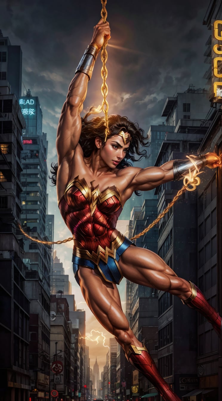 Generate a rough oil painting of Wonder Woman gracefully ((swinging through the gaps between skyscrapers)) (at night), ((flying)), using her ((Lasso of Truth)) as if she were Spider-Man. The golden glow emanating from the Lasso of Truth illuminates the scene like fluorescent lights. Capture her in a dynamic and stylish pose, reminiscent of Frank Miller's Sin City style. (field of depths,boheh backdrop),wonder_woman,artgerm,semi-realistic,Anime,highres