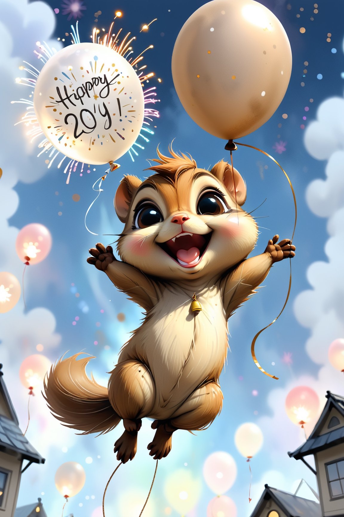 8K,Best quality, masterpiece, ultra-high res, Masterpiece, Concept Art, ultra-detailed painting, Ink wash painting, an adorable chibi baby whimsical chipmunk, being lifted towards the sky by a balloon in a new year fireworks, illustration for kid's room, boho, neutral colors, minimalist, vectors, simple, white background,chibi