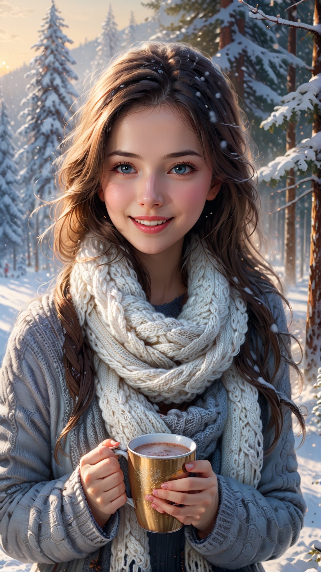 (best quality, 4k, 8k, highres, masterpiece:1.2),ultra-detailed,(realistic,photorealistic,photo-realistic:1.37),illustration,portrait,colorful,bright lighting, winter theme,snowy landscape, a beautiful girl with long black hair, warm winter clothing, snowflakes falling gently on her face, rosy cheeks, 
sparkling eyes, a feeling of tranquility and serenity, capturing the essence of winter season. a charming smile, holding a cup of hot cocoa, steaming hot, a cozy knitted scarf around her neck, a snowy forest in the background, with tall pine trees covered in snow, the sunlight casting a soft golden glow, a touch of frost on the branches, the girl's breath visible in the cold air, 
a feeling of tranquility and serenity, capturing the essence of winter season,detailmaster2