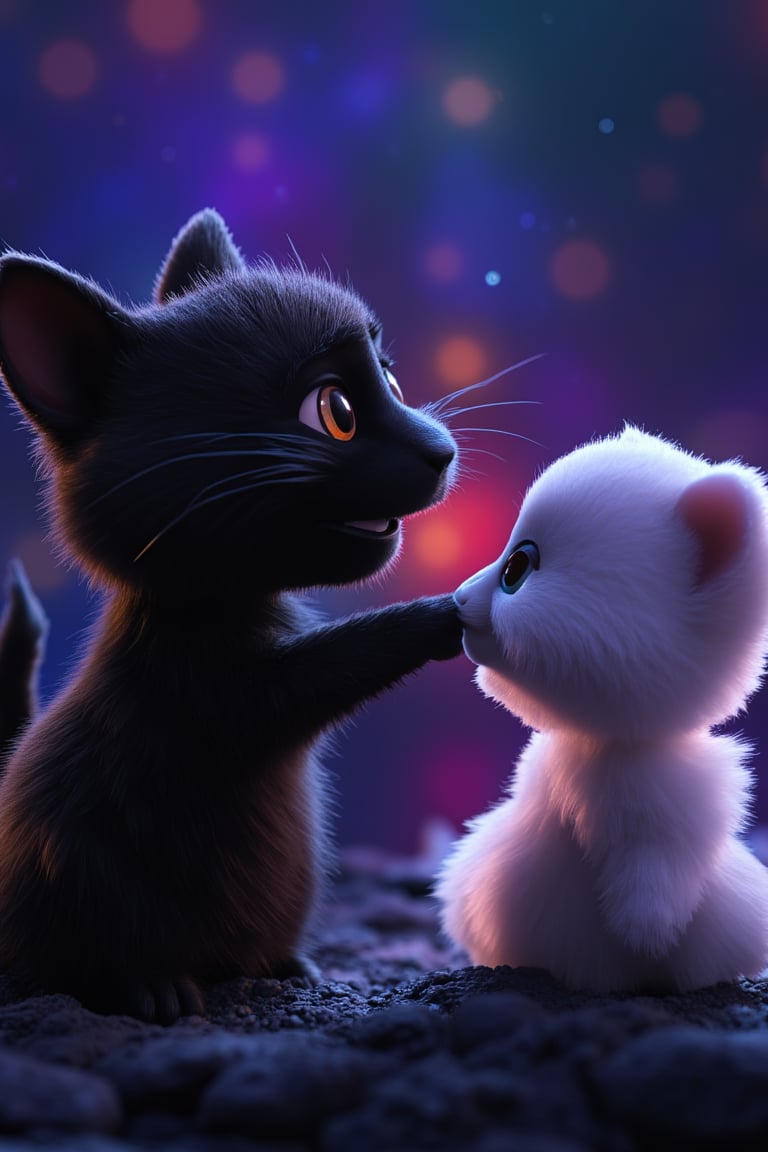 Masterpiece, professional, award-winning, intricate details, ultra high detailed, 64k, dramatic light, volumetric light, dynamic lighting, cute, cartoon style. A black cat. Reaching out its front paw to grasp the extended front paw of a white cat. Tears in its eyes. Feeling relieved. Smiling. A bright galaxy background. vivid, vibrant, unreal engine, concept art,disney style