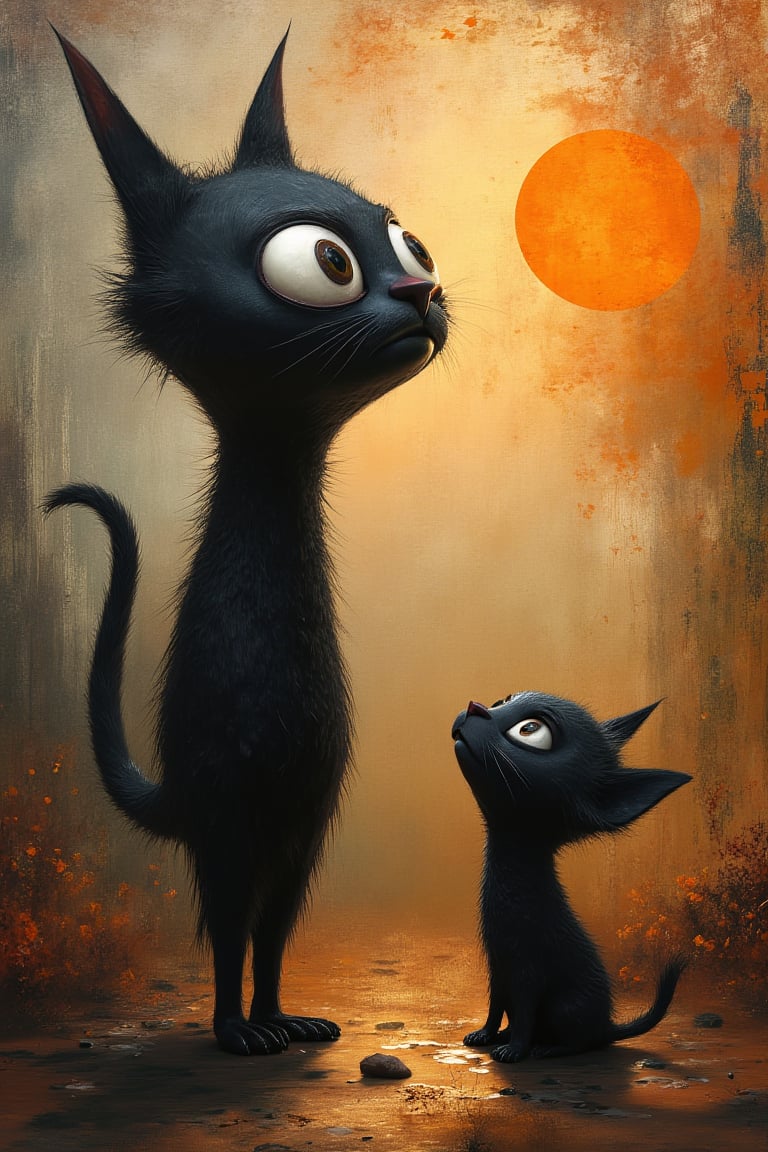 Masterpiece, professional, award-winning, intricate details, ultra high detailed, 64k, dramatic light, volumetric light, dynamic lighting, Surreal, abstract painting featuring two black cats with exaggerated, whimsical features. The larger cat stands upright on two legs, with a tall, slender body and a large, round head with wide, expressive eyes. The smaller cat sits on all fours, looking up at the larger cat. Both cats have spiky, unkempt fur and long, thin tails. The background is a mix of earthy tones, with splashes of orange, brown, and gray, creating a textured, dreamlike atmosphere. A bright orange sun or moon is visible in the upper right corner, casting a warm glow. The ground beneath the cats is reflective, suggesting a wet surface or puddle. The overall style is loose and painterly, with visible brushstrokes and drips adding to the abstract feel. vivid, vibrant, unreal engine, concept art,disney style