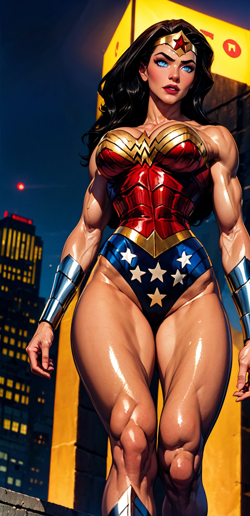 Wonder Woman, (Masterpiece), Best Quality, (Extremely detailed), (1Girl:1.4), ((beautiful blue eyes)), (black middle length wavy hair), Wonder Woman, (intricate details, makeup), (delicate and beautiful delicate face, delicate and beautiful delicate eyes, face with perfect proportions), (shiny skin: 1.2), delicate skin, strong and realistic blue eyes, realistic black hair, lips, makeup, natural skin texture, tiara, red and gold bustier, blue leotard with white stars, (silver Bracelets:1.2), red knee-high boots, golden belt, (Wonder Woman clothing:1.1), bare shoulders, ((light tanned skin:0.8)), mature, sexy, elastic muscles, (muscles: 1.2), ((strong and healthy body)), ((more) muscles))), cleavage, long legs, curves, (big breasts: 1.3), ribs, thin waist, soft waist, (delicate skin), (beautiful and sexy woman), (swollen lips: 0.9), (eyelashes: 1.2), very delicate muscles, perfect body, perfect anatomy, perfect details, perfect fingers, Perfect limbs, thigh gap, watercolor, professional, Bokeh, Decreased saturation, overlooking a (New York city skyline:1.2), overlooking a modern city, sky - high view, Sky view (on balcony), (City skylines view), ((night time:1.2)), ((from below:1.5)), ((flying:1.3)), (masterpiece, best quality), ,semi-realistic,dwarfoil,wonder2,2.5D, best quality,highres