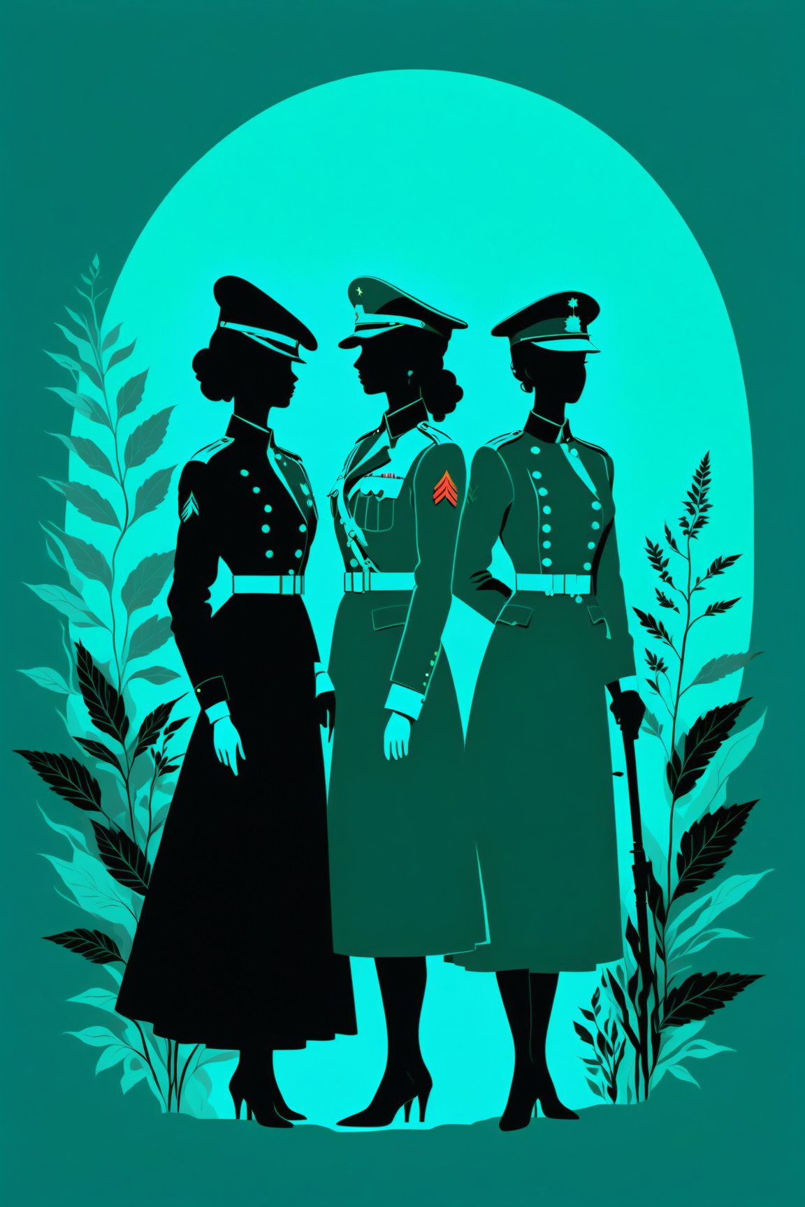 character silhouette, 3 women at a botanical garden, body in shadow, in military uniform, dark night, turquoise green background, Flat vector art,pencil sketch