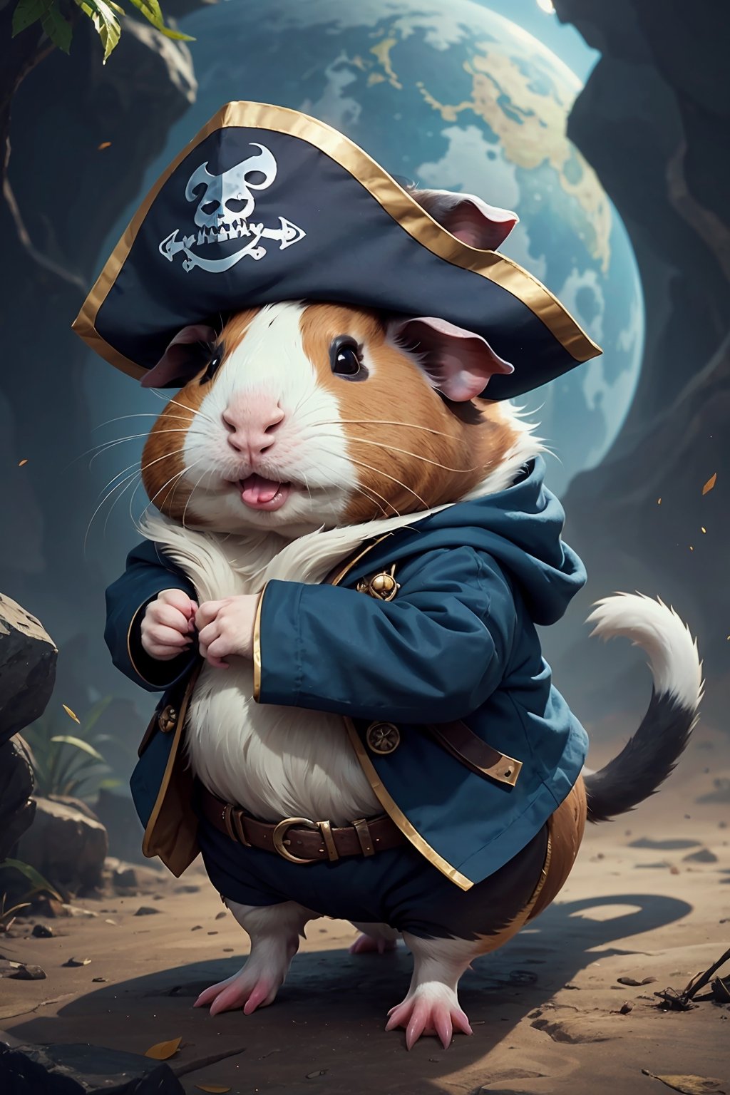 The highest image quality, "Create cute creature masterpieces with highly detailed concept art inspired by them. Let your imagination run wild", (guinea pig), highres, in 8K, The highest image quality, Pirate costume, Red and blue pirate outfit,game icon,earth \(planet\),cat