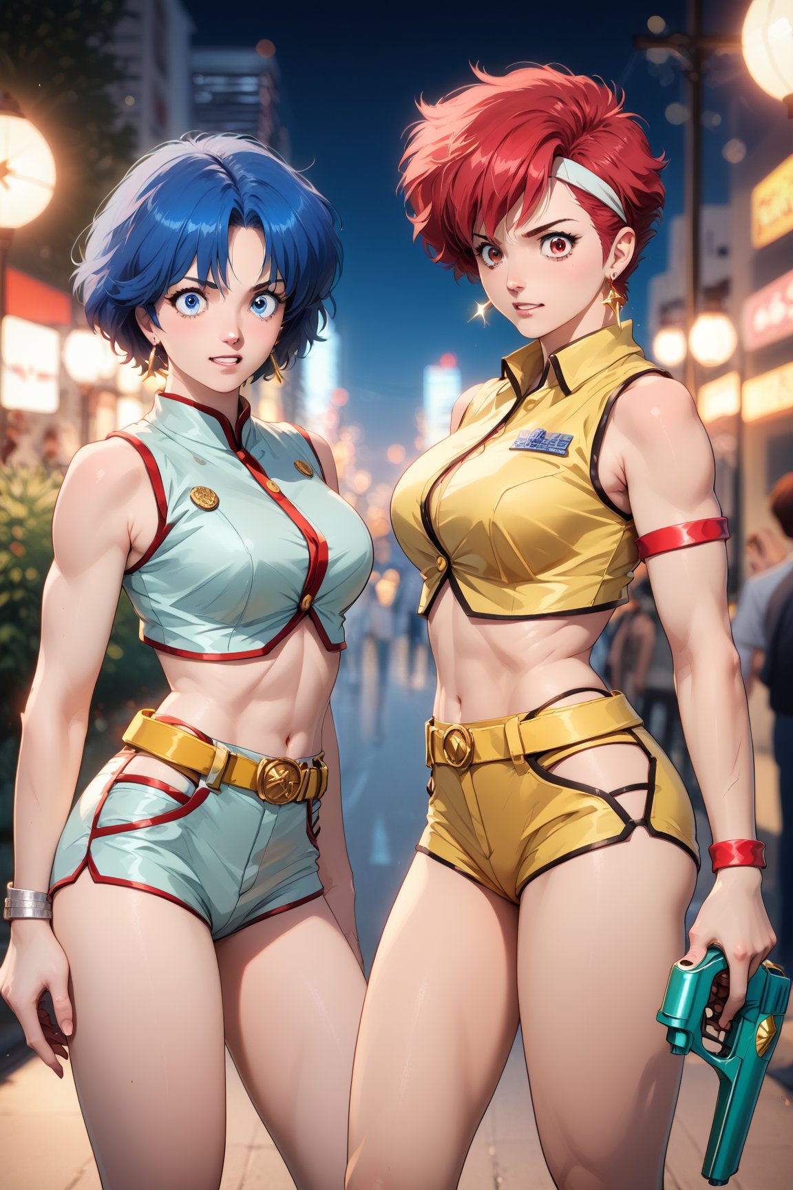 Best quality, Masterpiece, Ultra High Resolution, (Realistic:1.3), Comic city hunter style, 2girls, kei, dark skin, short hair, red hair, red eyes, hairband, earrings, jewelry, grey top crop, clothing cutout, single glove, wristband, armband, grey shorts, belt, Thigh Boots, grey footwear, dpyuri, pale skin, long hair, blue hair, blue eyes, yellow top crop, clothing cutout, yellow shorts, Boots, yellow footwear, (((holding pistols back to back:1.5))), rich and colorful, Japanese manga artist Tsukasa Hojo'style, depth of field, Overclocked Renderer, movie lights, ultra_fine, very detailed, complicated, cinematic perspective, cg art, realistic skin details, complex background, high quality, realistic lighting, professional photos, natural skin texture, very detailed and sharp focus, crazy details, intricate details, very detailed and bright cinema lighting, very delicate muscles, whole body, score_9,score_8_up,score_7_up,score_6_up,Hojo Tsukasa manga style,score_5_up,score_4_up,BREAK,source_anime