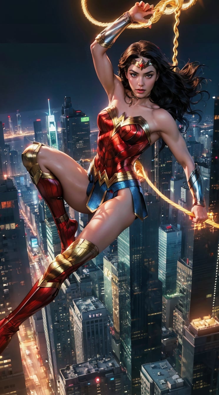 Generate a rough oil painting of Wonder Woman gracefully ((swinging through the gaps between skyscrapers)) (at night), ((flying)), using her ((Lasso of Truth)) as if she were Spider-Man. The golden glow emanating from the Lasso of Truth illuminates the scene like fluorescent lights. Capture her in a dynamic and stylish pose, reminiscent of Frank Miller's Sin City style. (field of depths,boheh backdrop),wonder_woman,artgerm,semi-realistic,Anime,highres