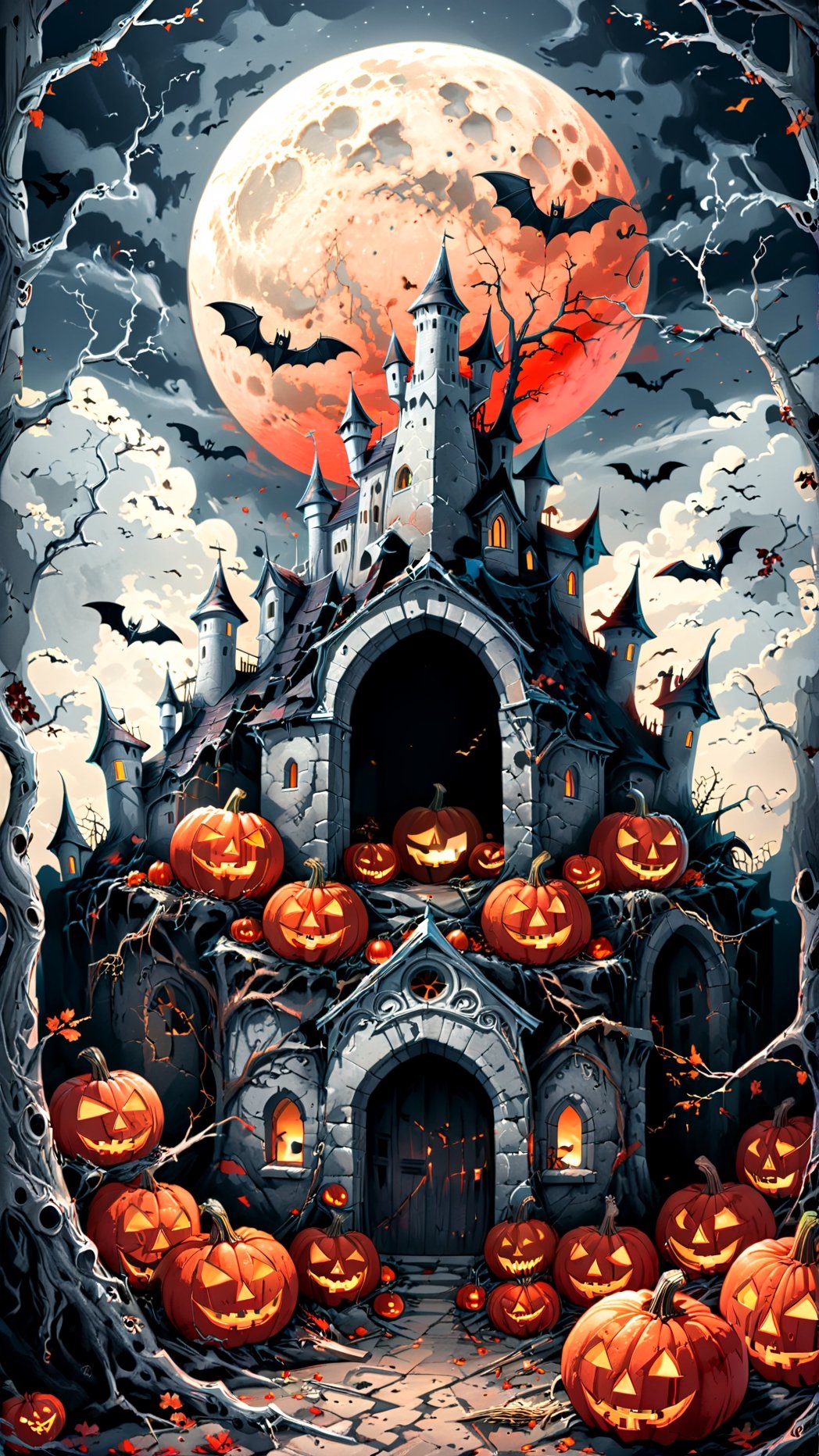 black and white, colouring book illustration style Halloween poster, pumpkins, bats, withered giant branches, red moon, ray tracing, stacked chests, castle black and White,detailmaster2,HellAI