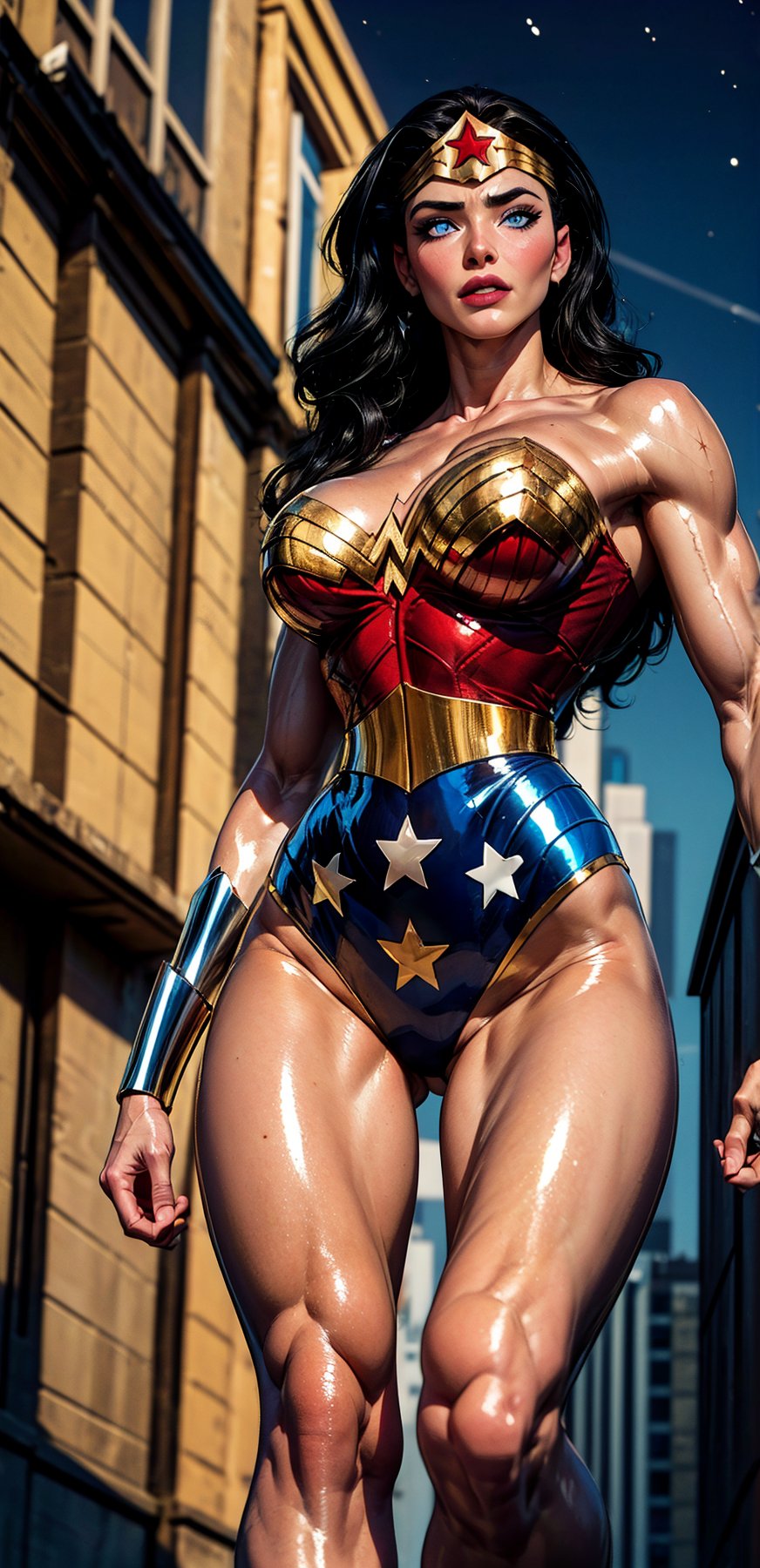 Wonder Woman, (Masterpiece), Best Quality, (Extremely detailed), (1Girl:1.4), ((beautiful blue eyes)), (black middle length wavy hair), Wonder Woman, (intricate details, makeup), (delicate and beautiful delicate face, delicate and beautiful delicate eyes, face with perfect proportions), (shiny skin: 1.2), delicate skin, strong and realistic blue eyes, realistic black hair, lips, makeup, natural skin texture, tiara, red and gold bustier, blue leotard with white stars, (silver Bracelets:1.2), red knee-high boots, golden belt, (Wonder Woman clothing:1.1), bare shoulders, ((light tanned skin:0.8)), mature, sexy, elastic muscles, (muscles: 1.2), ((strong and healthy body)), ((more) muscles))), cleavage, long legs, curves, (big breasts: 1.3), ribs, thin waist, soft waist, (delicate skin), (beautiful and sexy woman), (swollen lips: 0.9), (eyelashes: 1.2), very delicate muscles, perfect body, perfect anatomy, perfect details, perfect fingers, Perfect limbs, thigh gap, watercolor, professional, Bokeh, Decreased saturation, overlooking a (New York city skyline:1.2), overlooking a modern city, sky - high view, Sky view (on balcony), (City skylines view), ((night time:1.2)), ((from below:1.5)), ((flying:1.3)), (masterpiece, best quality), ,semi-realistic,dwarfoil,wonder2,2.5D, best quality