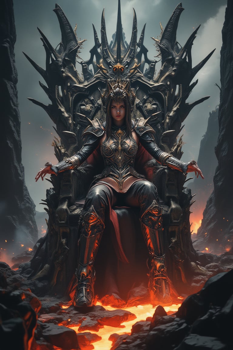 Masterpiece, professional, award-winning, intricate details, ultra high detailed, 64k, dramatic light, volumetric light, dynamic lighting, Art style inspired by Boris Vallejo and Luis Royo. A full-body shot of a strikingly beautiful girl with a flawless figure stands regally near her throne. She is clad in intricate, steel spiked armor, exuding both strength and elegance. Her throne, a menacing structure made of swords, jagged peaks, bones, and skulls, adds to the foreboding atmosphere. The setting is a desolate, rocky terrain with a river of molten lava cutting through the landscape and dark, swirling clouds overhead. The scene is a meticulously detailed masterpiece, capturing a haunting and powerful mood. realistic lighting and shading, vivid, vibrant, unreal engine, concept art,1girl_Anime