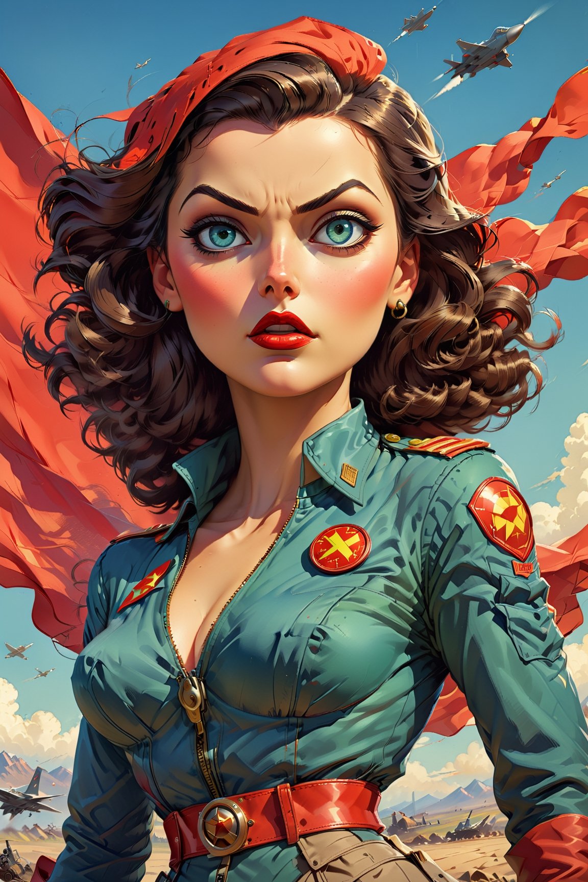 American World War II poster, Gil Elvgren style ((CCCP poster, Soviet poster)) (a medium-sized dark-haired woman with superhero outfit) Poster propaganda, poster, blue sky with fighter jet, hero uniform, 1girl, solo, good body, poster design, poster art style. 1980s, 1950s, 1960s, 1940s, basic color scheme, very colorful poster, colorful art, third rule, inspiring, woman, 1 mature girl, hair blowing in the wind, looking at the viewer, revolutionary, red and blue square background, thick legs, green eyes,Comic Book-Style 2d,2d