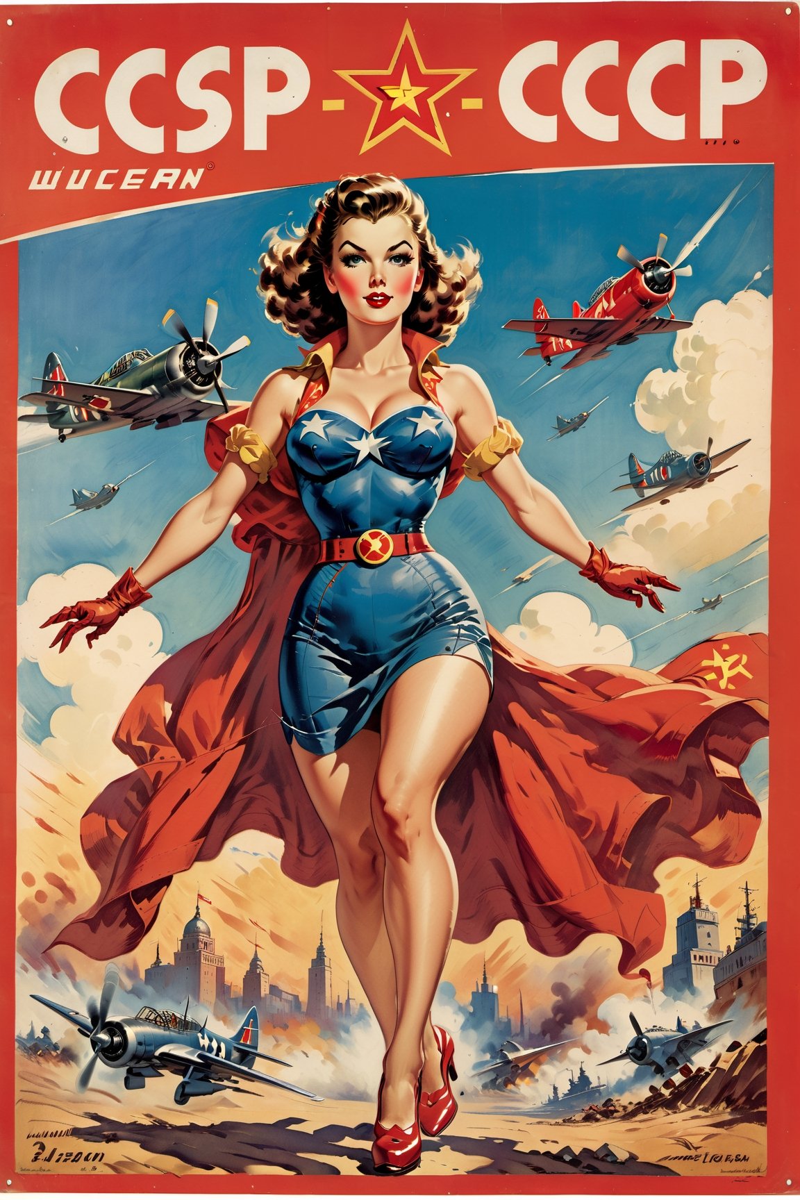 American World War II poster, Gil Elvgren style ((CCCP poster, Soviet poster)) (a medium-sized dark-haired woman with superhero outfit) Poster propaganda, poster, blue sky with fighter jet, hero uniform, 1girl, solo, good body, poster design, poster art style. 1980s, 1950s, 1960s, 1940s, basic color scheme, very colorful poster, colorful art, third rule, inspiring, woman, 1 mature girl, hair blowing in the wind, looking at the viewer, revolutionary, red and blue square background, thick legs, green eyes,Comic Book-Style 2d,2d,VintageMagStyle