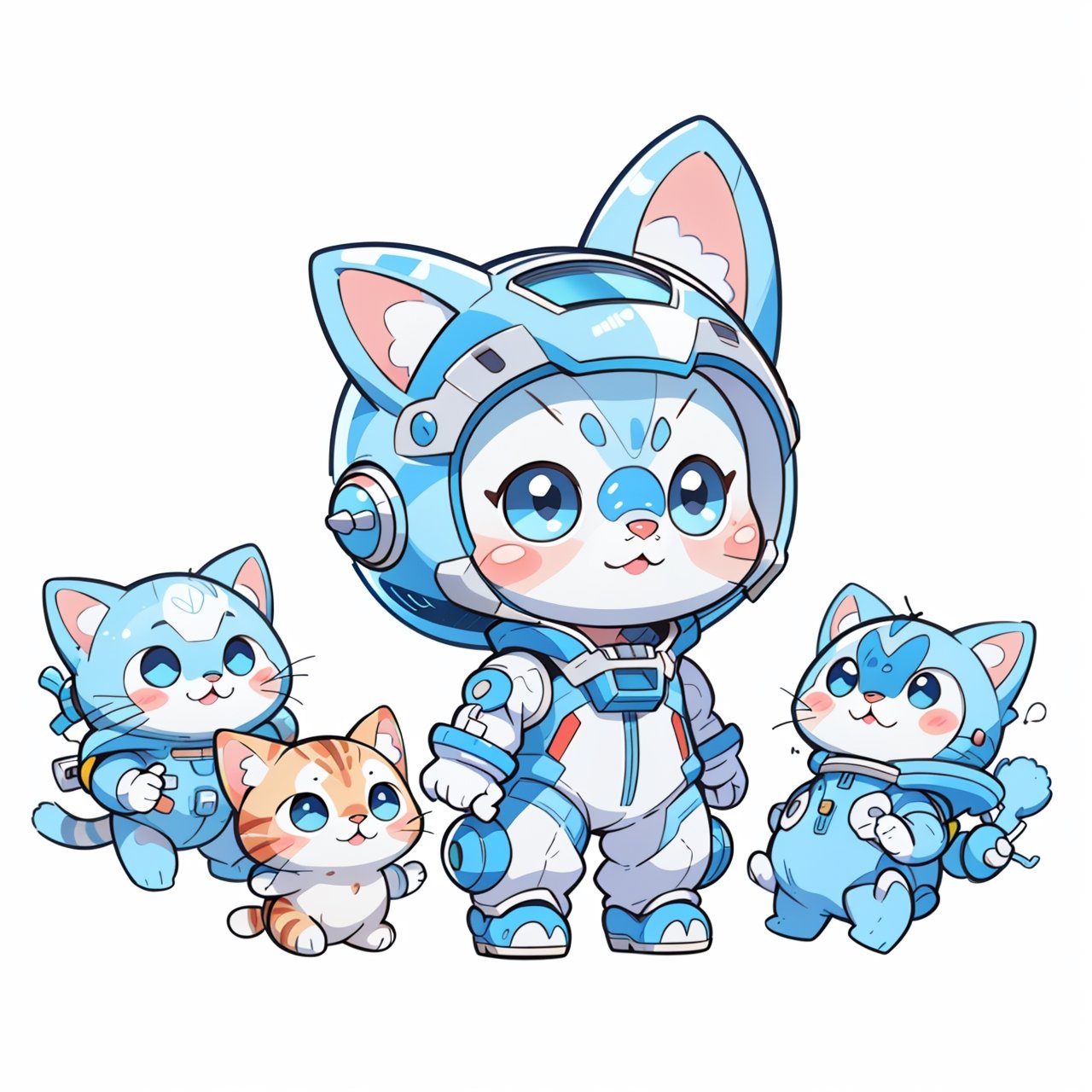 cartoon silver tabby cat in a blue spacesuit, blue Helmet, centered, full body, no_humans, Depth of field, ((empty background)), ((whitebackground)), (kawaii:1.3), (anime:1.4), cute, round eyes, (8K, RAW photo, Best quality, masterpiece:1.2),  Logo, vector, Line graphics, design, inspiration, straight line, symmetry