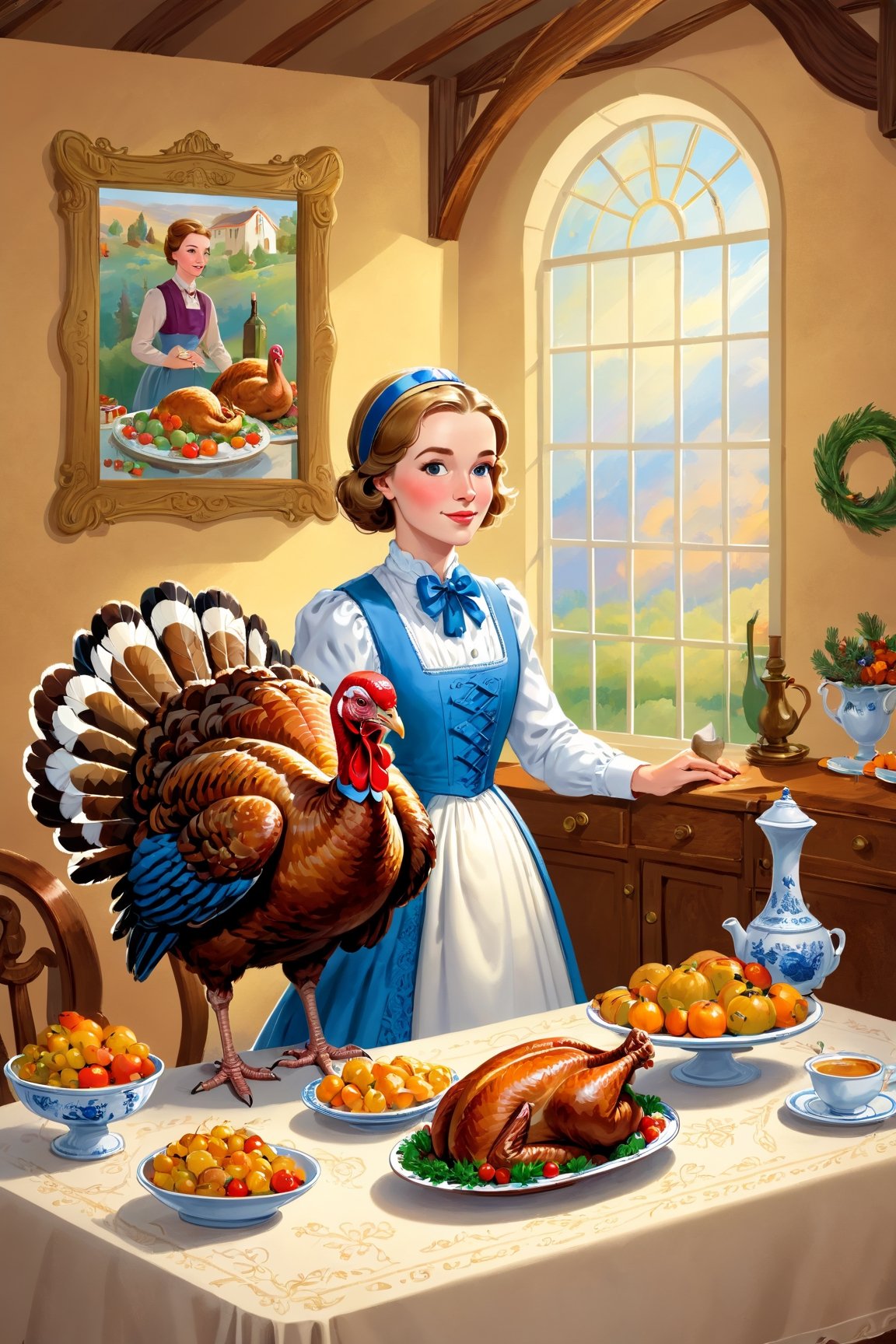 (masterpiece)), (((best quality))), ((ultra-detailed)), a woman standing in front of a table with a turkey on it, a storybook illustration by Mary Davis, 
Lady Davis, pixabay contest winner, synthetism, storybook illustration, flat shading, flickering light,Story book 