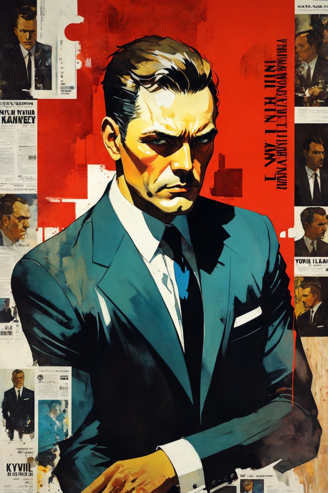 There is a poster of a man in a suit and tie, Corey Loftis (Cory Loftis) style of, Inspired by Vincent Lefevre, Style of Kyrill Kotashev, Pulp Style Poster, Yoji Shinkawa : : portrait of a, Works inspired by Lev Lvovich Kamenev, Poster Illustration, OFFICIAL PRINTING, Karl Kopinski(Karl Kopinski)Inspired by,(Magazines:1.3), (cover-style:1.3)