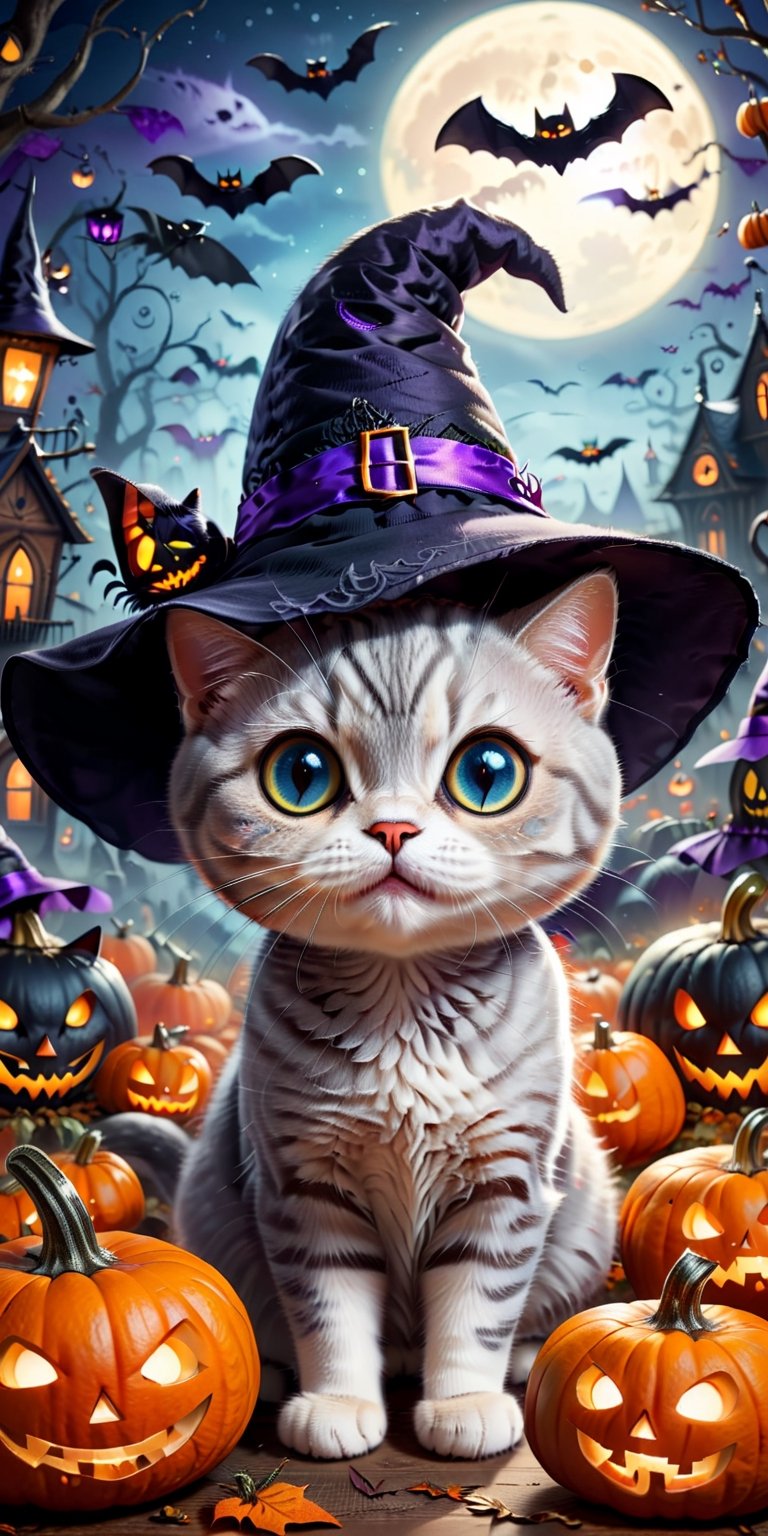 Cute Short-tailed British shorthair cat with witch hat, big eyes, pumpkins, halloween, bat, (Best Quality, 4k, high resolution, Masterpiece:1.2), Ultra-detailed, (realisitic:1.3), vibrant colors, studio lit, Bokeh, Illustration, Spooky atmosphere, Craft an irresistibly cute Halloween-themed. Request vibrant colors, charming details, and a whimsical Halloween background that enhances the cuteness. Aim for a visually delightful composition capturing the adorableness of this little cat on a Halloween adventure