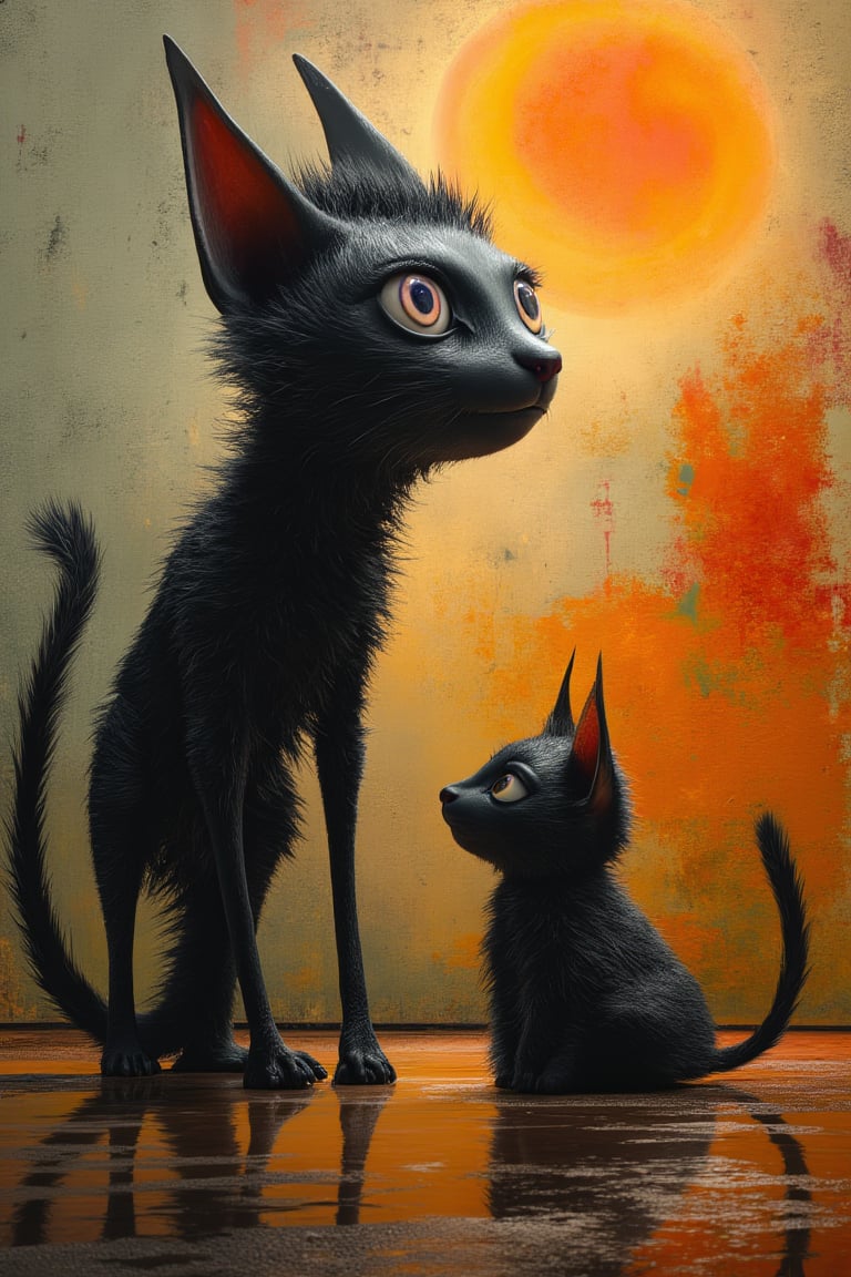 Masterpiece, professional, award-winning, intricate details, ultra high detailed, 64k, dramatic light, volumetric light, dynamic lighting, Surreal, abstract painting featuring two black cats with exaggerated, whimsical features. The larger cat stands upright on two legs, with a tall, slender body and a large, round head with wide, expressive eyes. The smaller cat sits on all fours, looking up at the larger cat. Both cats have spiky, unkempt fur and long, thin tails. The background is a mix of earthy tones, with splashes of orange, brown, and gray, creating a textured, dreamlike atmosphere. A bright orange sun or moon is visible in the upper right corner, casting a warm glow. The ground beneath the cats is reflective, suggesting a wet surface or puddle. The overall style is loose and painterly, with visible brushstrokes and drips adding to the abstract feel. vivid, vibrant, unreal engine, concept art,disney style,cartoon art