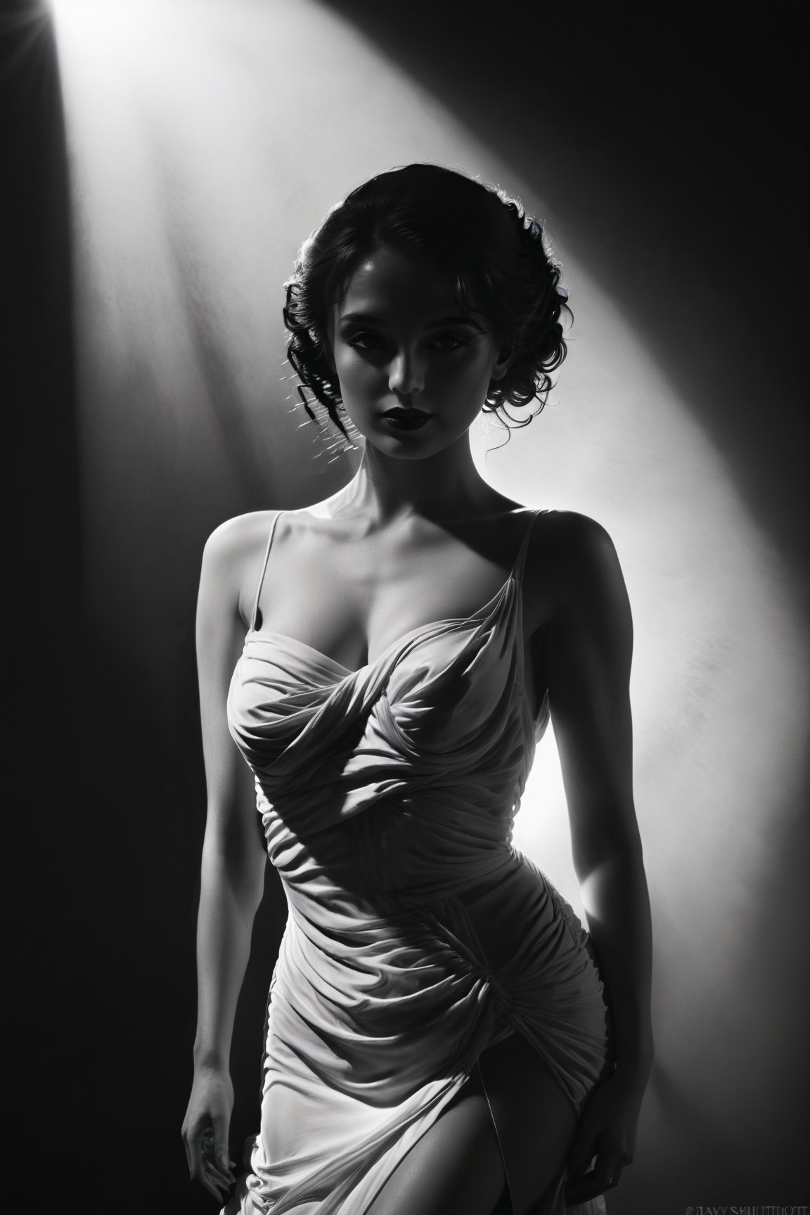 (best quality, 4k, 8k, highres, masterpiece:1.2), ultra-detailed, black and white, shadowy figure, graceful pose, feminine allure, (mysterious,alluring:1.3), eyes and lips, sleek curves, ravishing beauty, artistic expression, dramatic lighting, contrast, subtle details, implied sensuality, twisted silhouette, dark elegance, mood, fluid lines, high contrast, fine art, monochome, contemporary, sophisticated, innovative, silhouette, visual poetry, creative composition, striking visual impact, unique Masterpiece, (masterpiece:1.2), (best quality:1.2), ai-generated, ultra-detailed, best shadow, detailed background, high contrast, (best illumination, an extremely delicate and beautiful), ((cinematic light)), hyper detail, dramatic light, intricate details, 8k, very aesthetic,monochrome,halsman