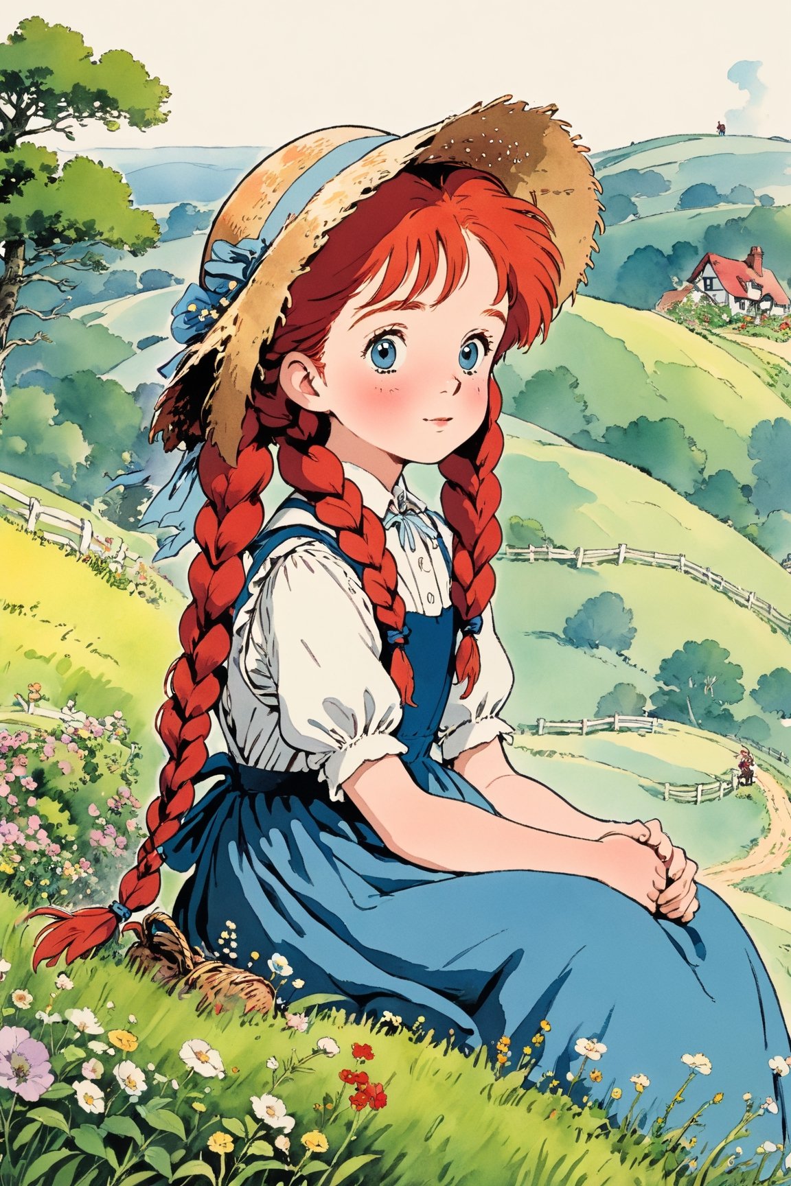 (masterpiece, best quality),from side, 1girl, solo, After searching for hours, They find a Anne (Green Gables)), Red-haired girl, With a wide-brim straw hat, two long red braids, Curious big eyes, Innocent, Joyful look, wear a floral pioneer dress with an apron,sitting on a branch sticking out of a hill,Anime,Enhanced All,ghibli,illustrator,sticker design