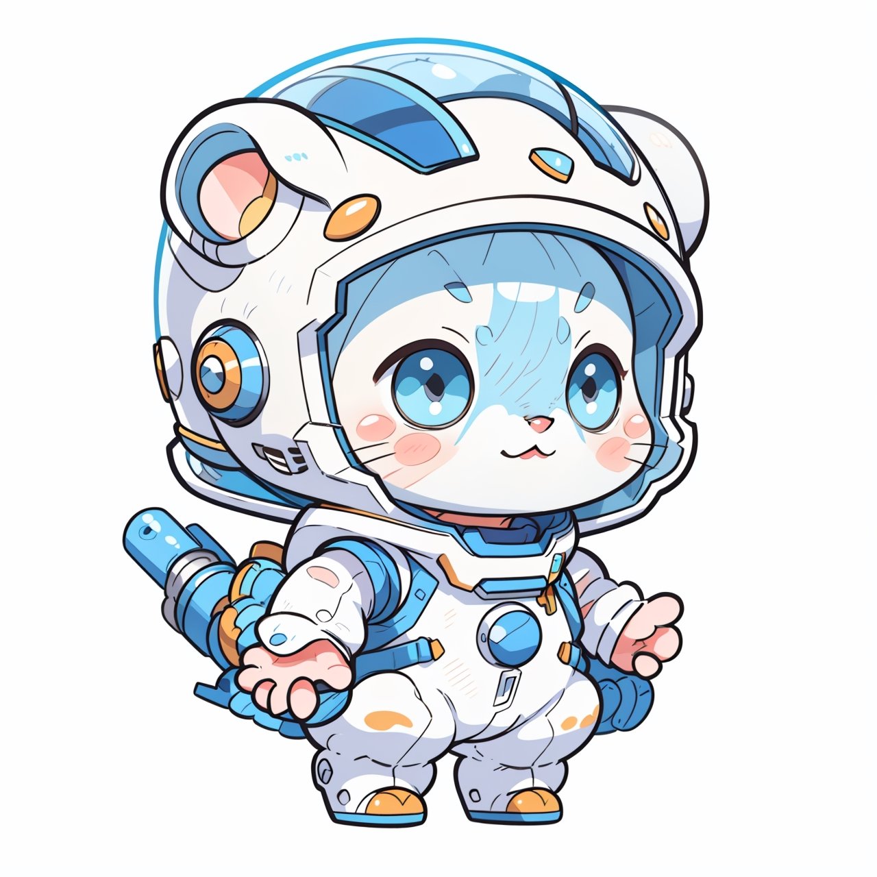 cartoon silver tabby cat in a blue spacesuit, blue Helmet, centered, full body, no_humans, Depth of field, ((empty background)), ((whitebackground)), (kawaii:1.3), (anime:1.4), cute, round eyes, (8K, RAW photo, Best quality, masterpiece:1.2),  Logo, vector, Line graphics, design, inspiration, straight line, symmetry