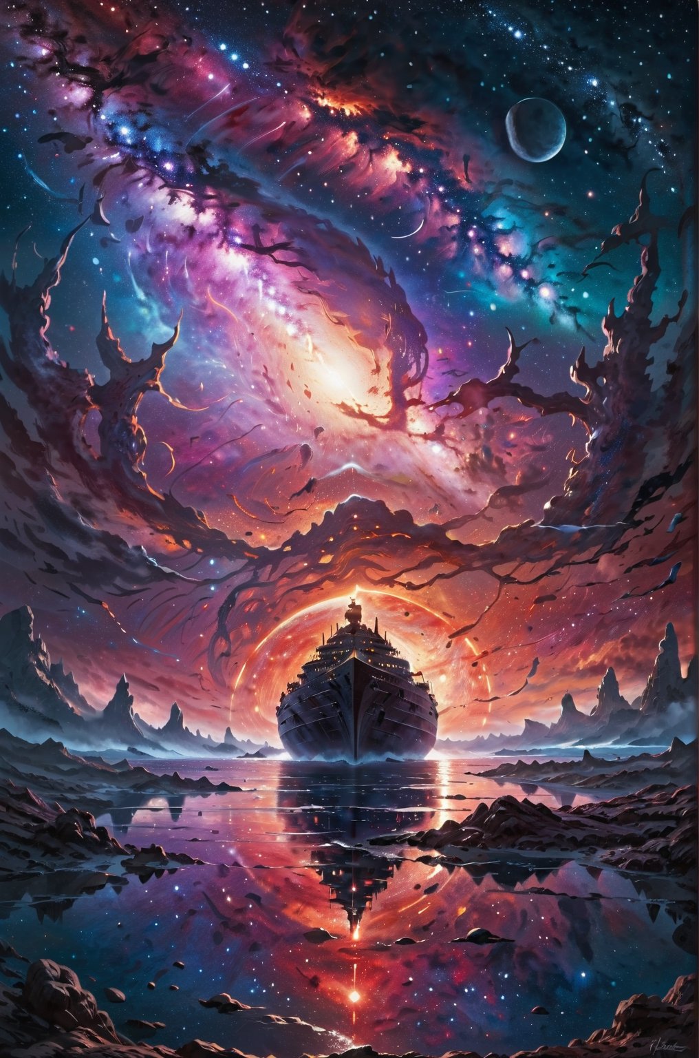 A mesmerizing astral desert, exploring the depths of the red night sky, gazes intensely into the void with eyes shimmering like stars. In the sky there is a winter planet glowing surrounded by six moons. On the right part of canvas there is small, white, rounded, futuristic, alien ship swimming in the night lake. shining starry underwater tree and plants. Ship face to sky. Two sailor warriors on bow watching the sky from ship. On left part of the night sky there is colordul starry galaxy carved in sky in the shape of a spread-wings bird. This concept art is a breathtaking digital painting. Beautiful and colorful Alien world. The image is a masterpiece of contrast, with the ship's ethereal figure illuminated by the glow of distant galaxies. The dark backdrop adds depth and mystery to the composition, evoking a sense of wonder and cosmic exploration. This high-definition artwork captivates viewers with its intricate details, vibrant color