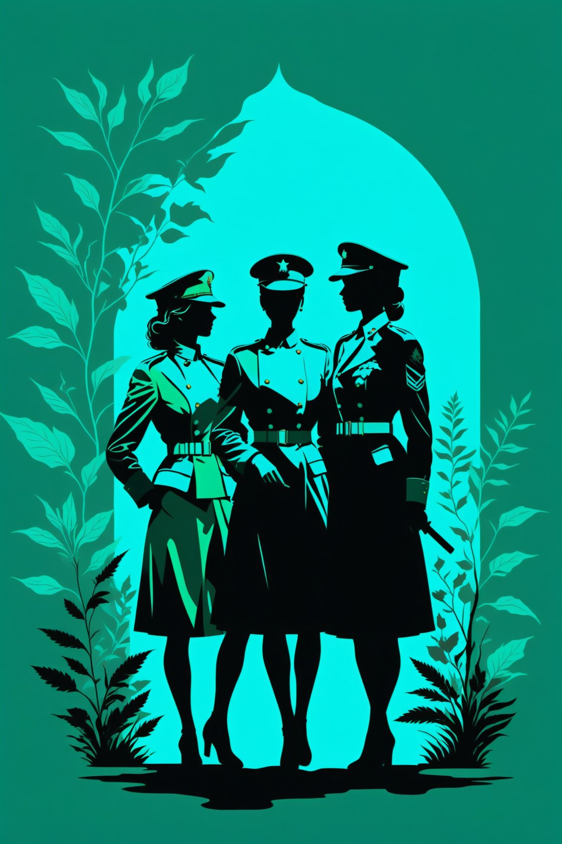 character silhouette, 3 women at a botanical garden, body in shadow, in military uniform, dark night, turquoise green background, Flat vector art,pencil sketch